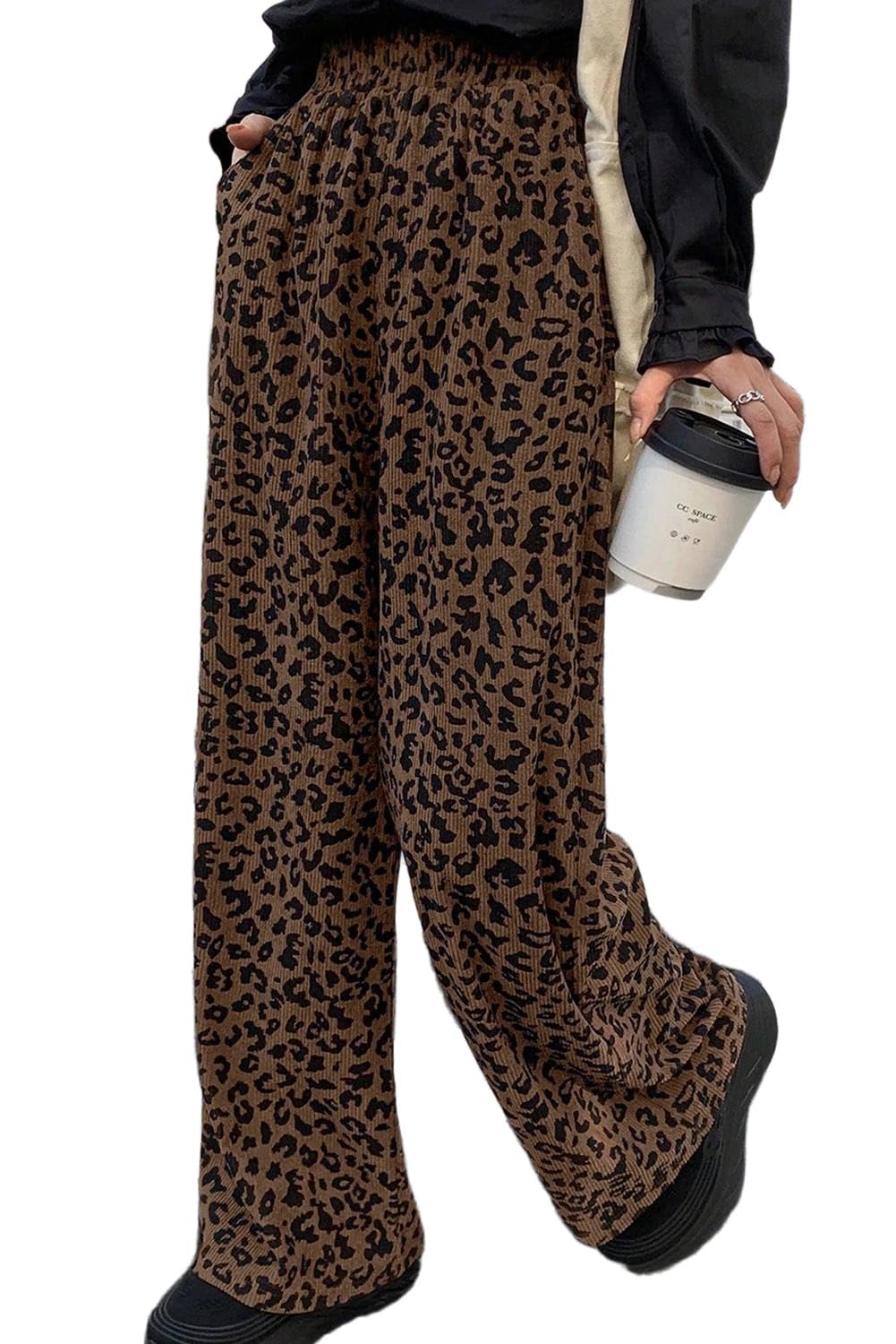 Apvirdy Womens Leopard Corduroy Pants Casual Cheetah Print Elastic High Waist Wide Leg Pants Fashion Pants with Pockets
