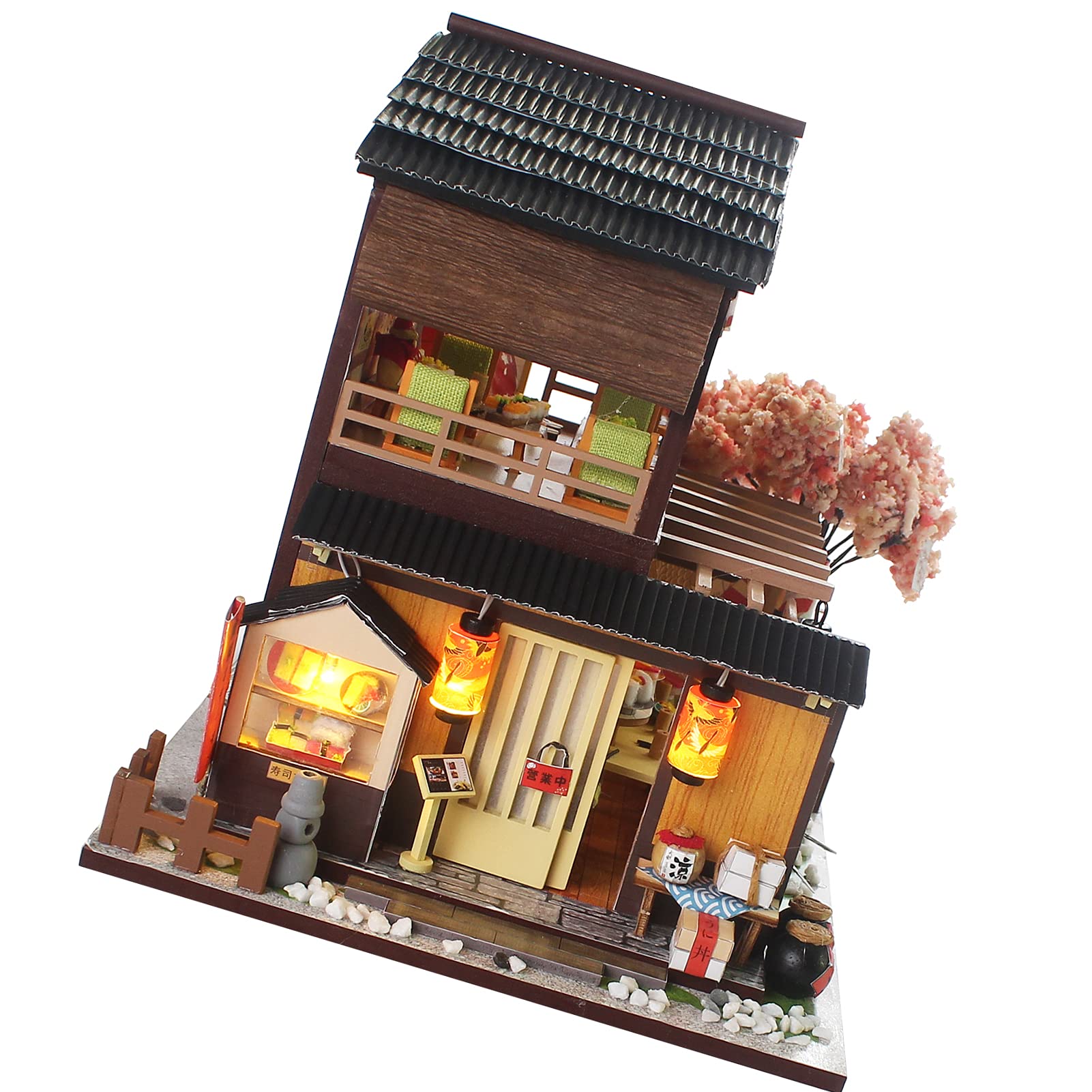 Rengue DIY Sushi Shop Model Drewniany Zestaw do Montażu z LED z Narzędziami Rzemieślniczymi dla Nastolatków i Dorosłych