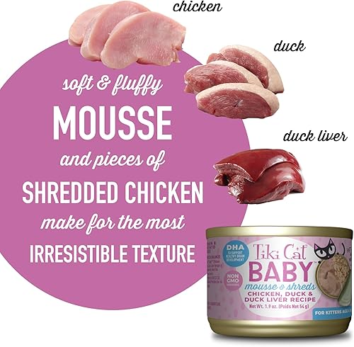 Miniatura 7 de Tiki Cat Baby, mousse de hígado de pato y pato, con alto contenido de proteínas y sabroso, alimento húmedo para gatos de 4 semanas Plus, latas de