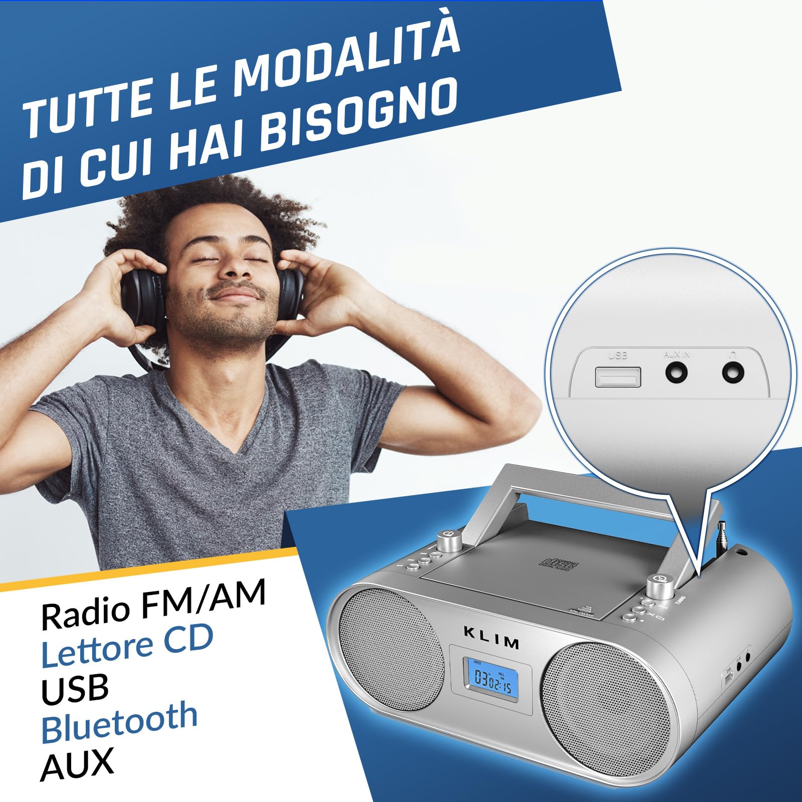 Boombox B4 Lettore CD Stereo, Bluetooth, AUX, AM FM Radio con e USB | Filo o Wireless, Batteria Ricaricabile, Telecomando, Standby Automatico, Eq Digitale, Non Fermare la Musica - Argento