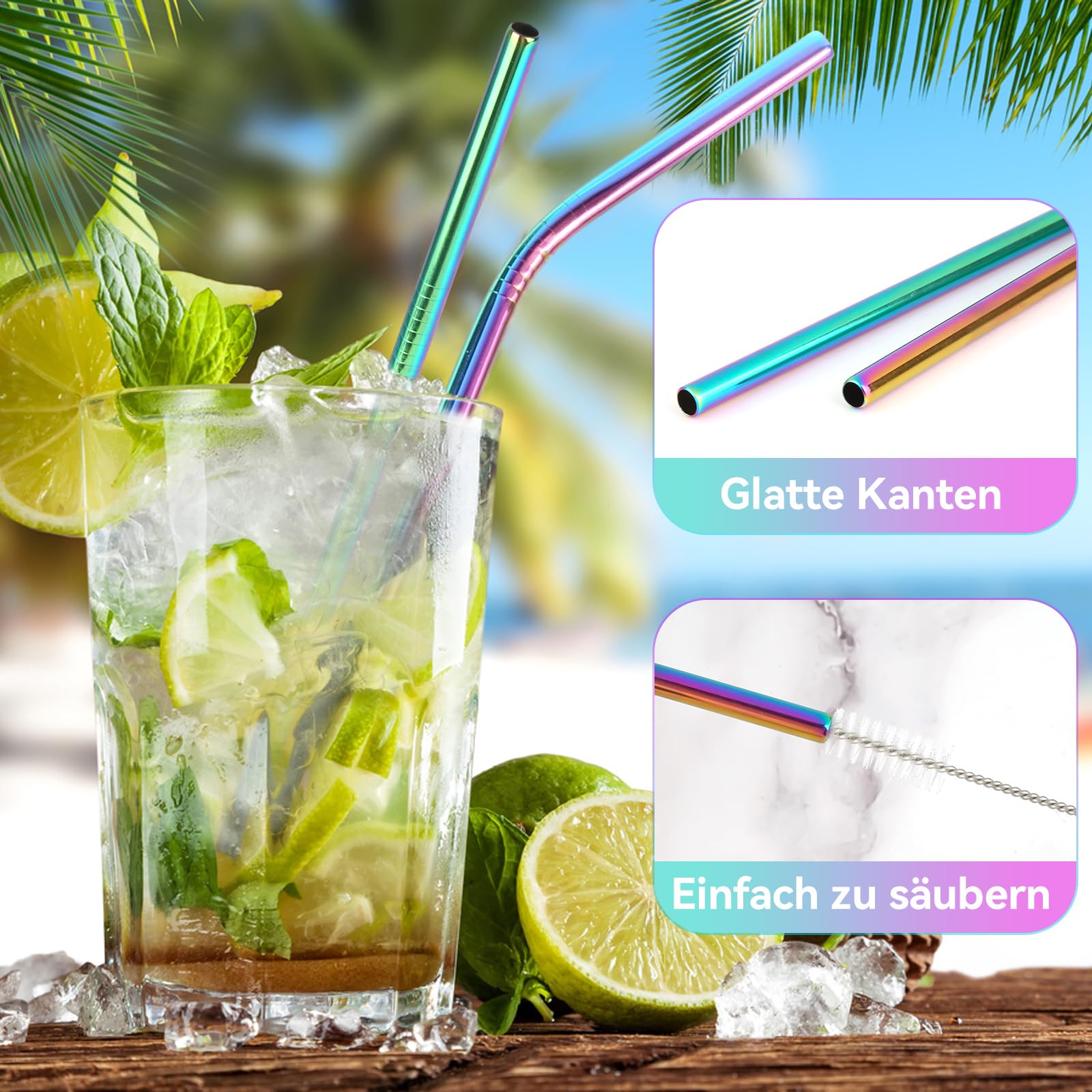 Lot De 16 Pailles Inoxydables Réutilisables - Pailles à Bubble Tea, Cocktails & Smoothies Avec Brosses Et Sac - Arc-en-Ciel