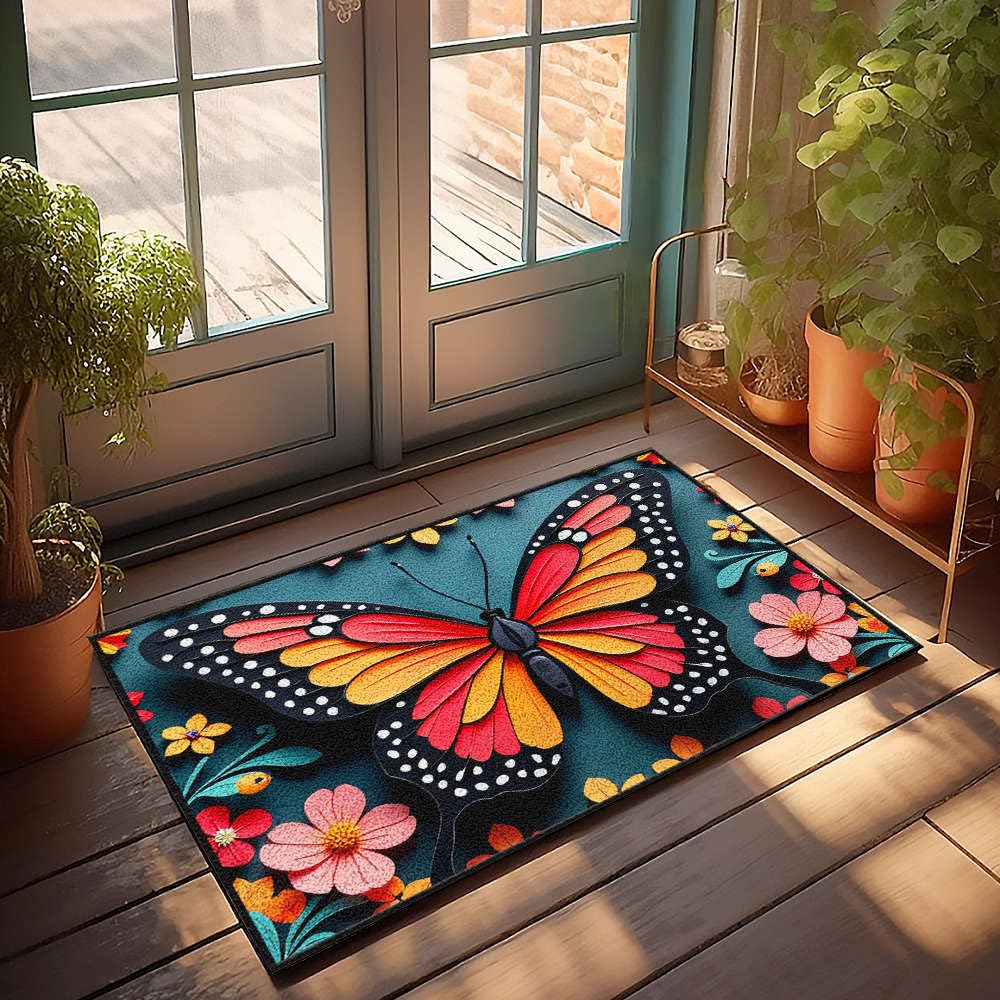 Tapis d'extérieur amusant avec papillon et fleurs vibrantes pour porche