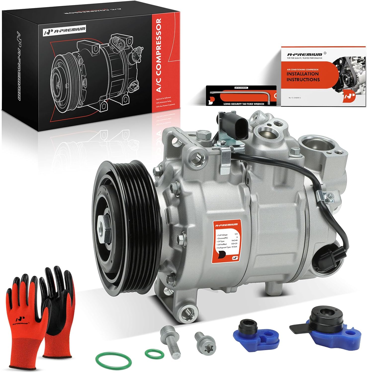 A-Premium AC Compressor with Clutch Compatible with Volkswagen Passat Golf Beetle Cayenne, Audi Q5 Q7 A3 A4, Porsche Cayenne, Seat