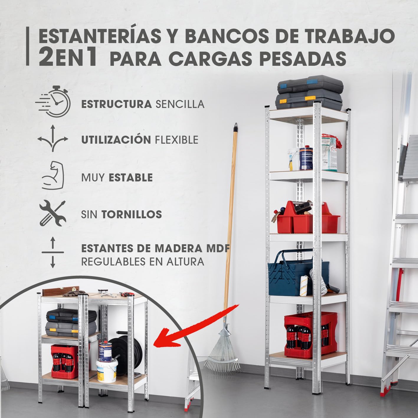 EASYmaxx - Estantería para Cargas Pesadas (40 x 40 x 180 cm, Carga máxima 875 kg y 175 kg por Nivel | Banco con 5 estantes Ajustables | para sótano, Garaje