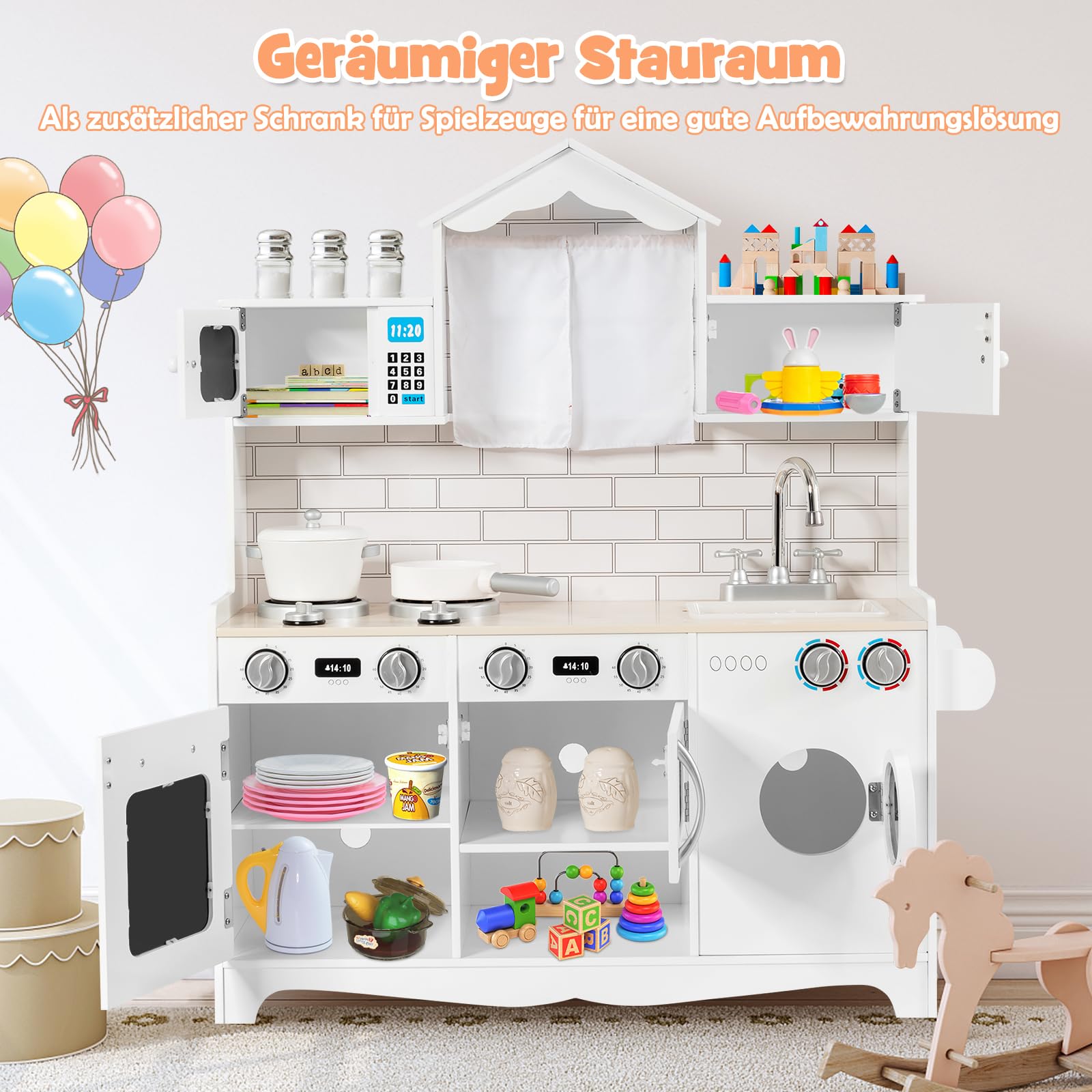 DREAMADE Kinderküche aus Holz, Spielküche mit Spielzubehör, Kinderspielküche mit Spüle Herd Backofen Mikrowelle Waschmaschine, Holzküche Spielzeugküche für Kinder ab 3 Jahren, 78 x 29 x 93 cm