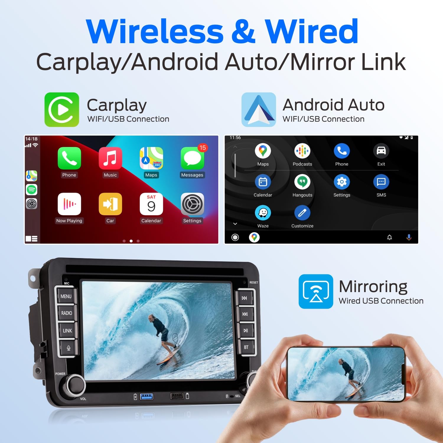 Linux Bluetooth Car Radio for Golf 5 6 VW Polo T5 Seat with Navigation WLAN FM/AM/DSP/Mirror Link, Apple Carplay, Android Car, Steering Wheel Ctrl, 2Din Dab Car Radio Touch Screen
