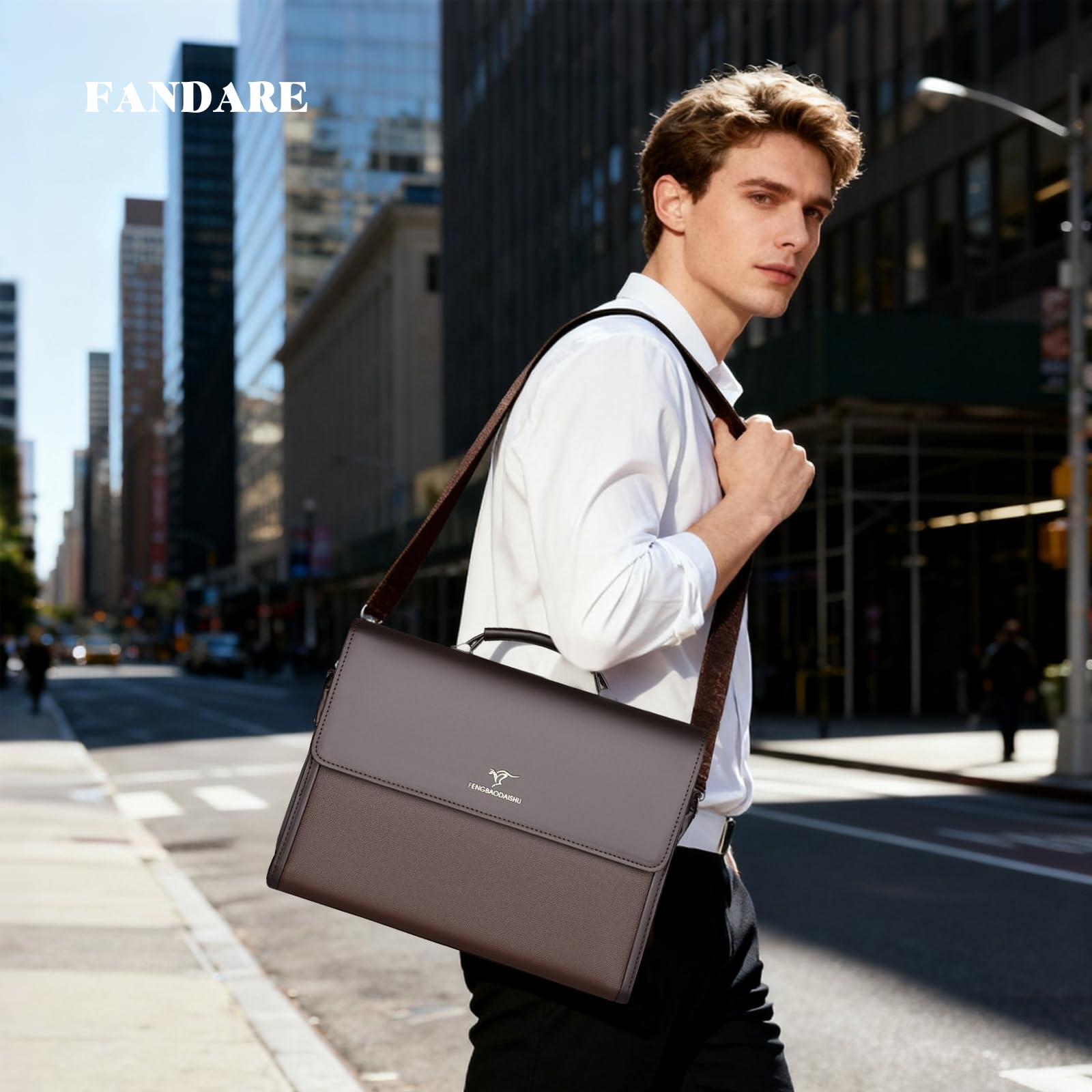 FANDARE Cartera mensajero retro para hombre, gran capacidad con múltiples bolsillos de cuero PU para portátil, bandolera para oficina, viajes y trabajo para profesionales y hombres de negocios