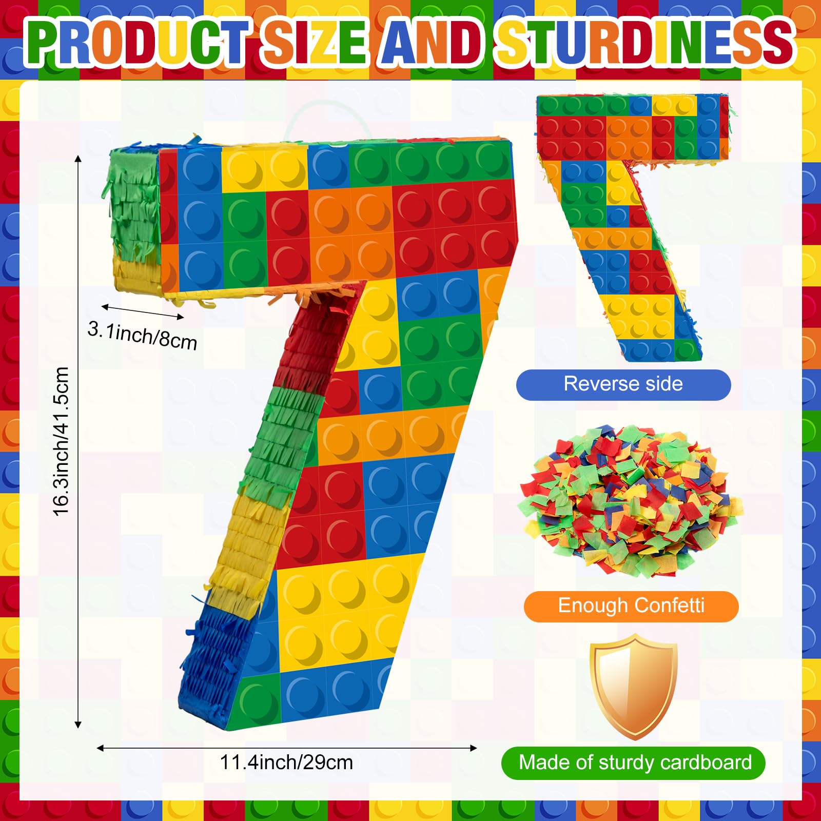 RoundFunny Number 7 Building Blocks Piñata 16.5 Inch Party Supplies 7th Birthday Party Decorations Piñata with Confetti Blocks Theme Fiesta Anniversary Celebration