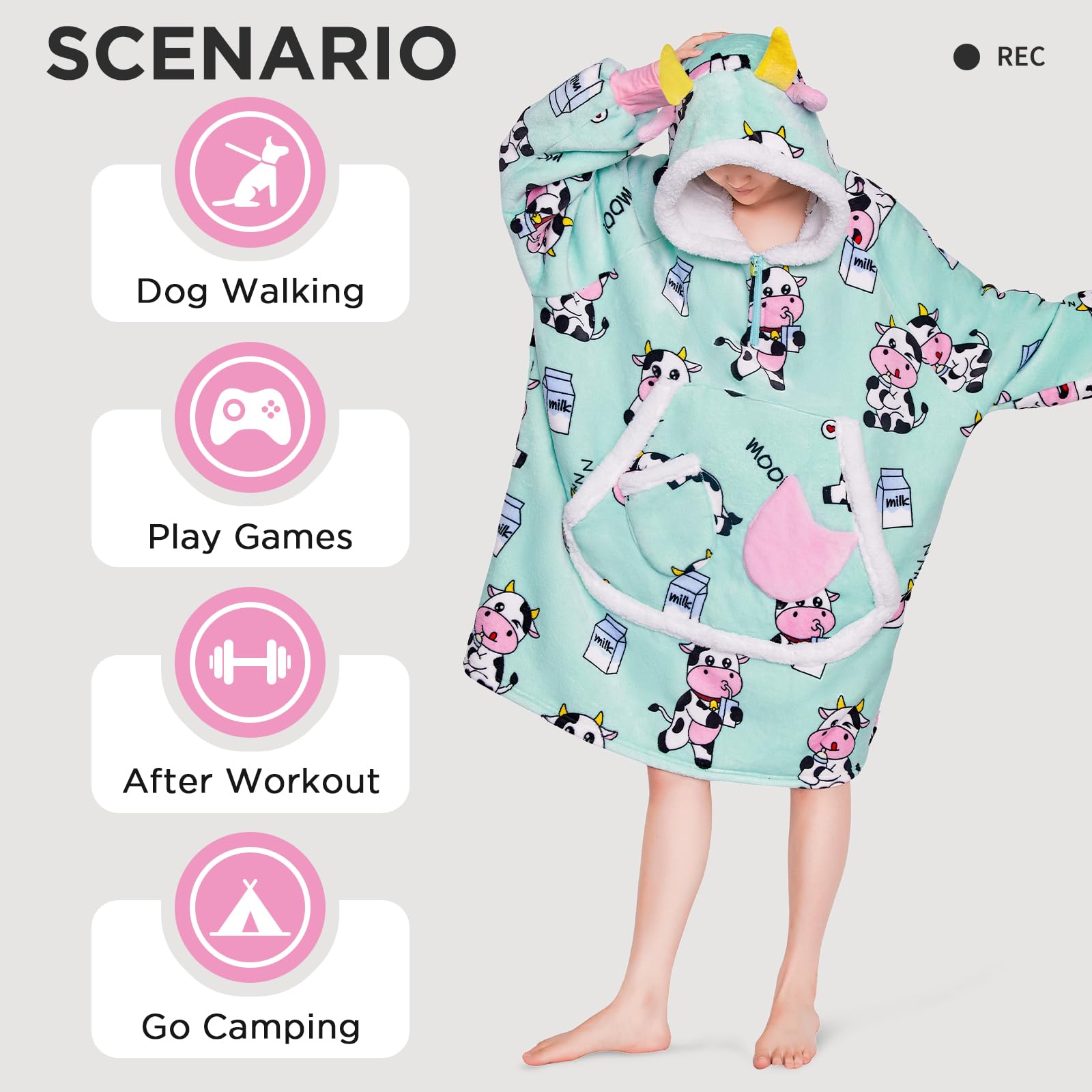 OLAOLA Cow Wearable Blanket Hoodie for Adults Oversized Fleece Sherpa Sweatshirt - Image 4