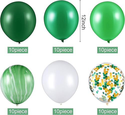 Miniatura 2 de 60 globos verdes y blancos de 12 pulgadas, globos de ágata de confeti de mármol verde para verano, animales hawaianos de la selva, baby shower,
