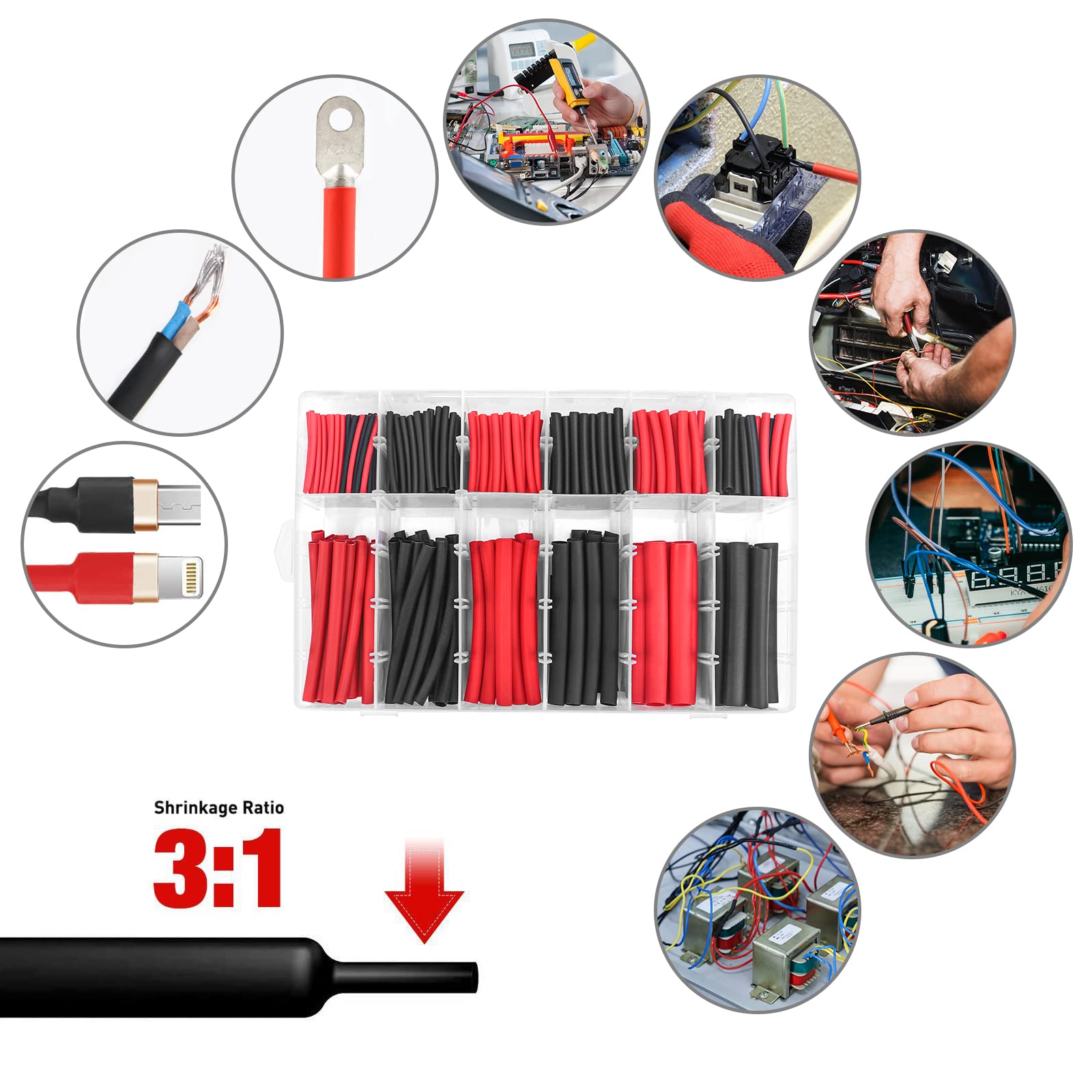 Gabrella 540-Piece Dual Wall Heat Shrink Tubing Kit - 3:1 Shrink Ratio, With Glue Lining, Black & Red