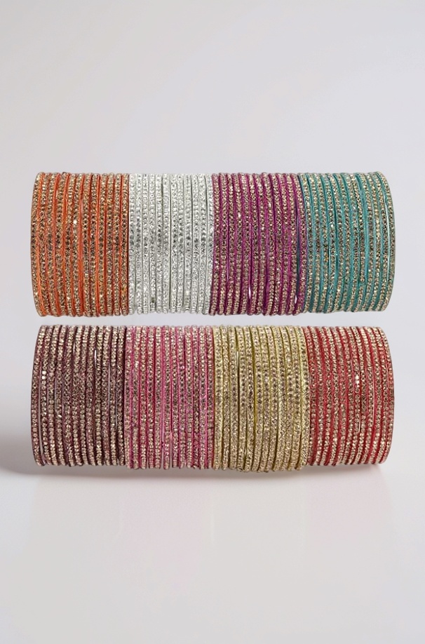 NMII Glass with Zircon Gemstone and Beads Studdded Glossy Finished Traditional Bangle Set For Women and Girls