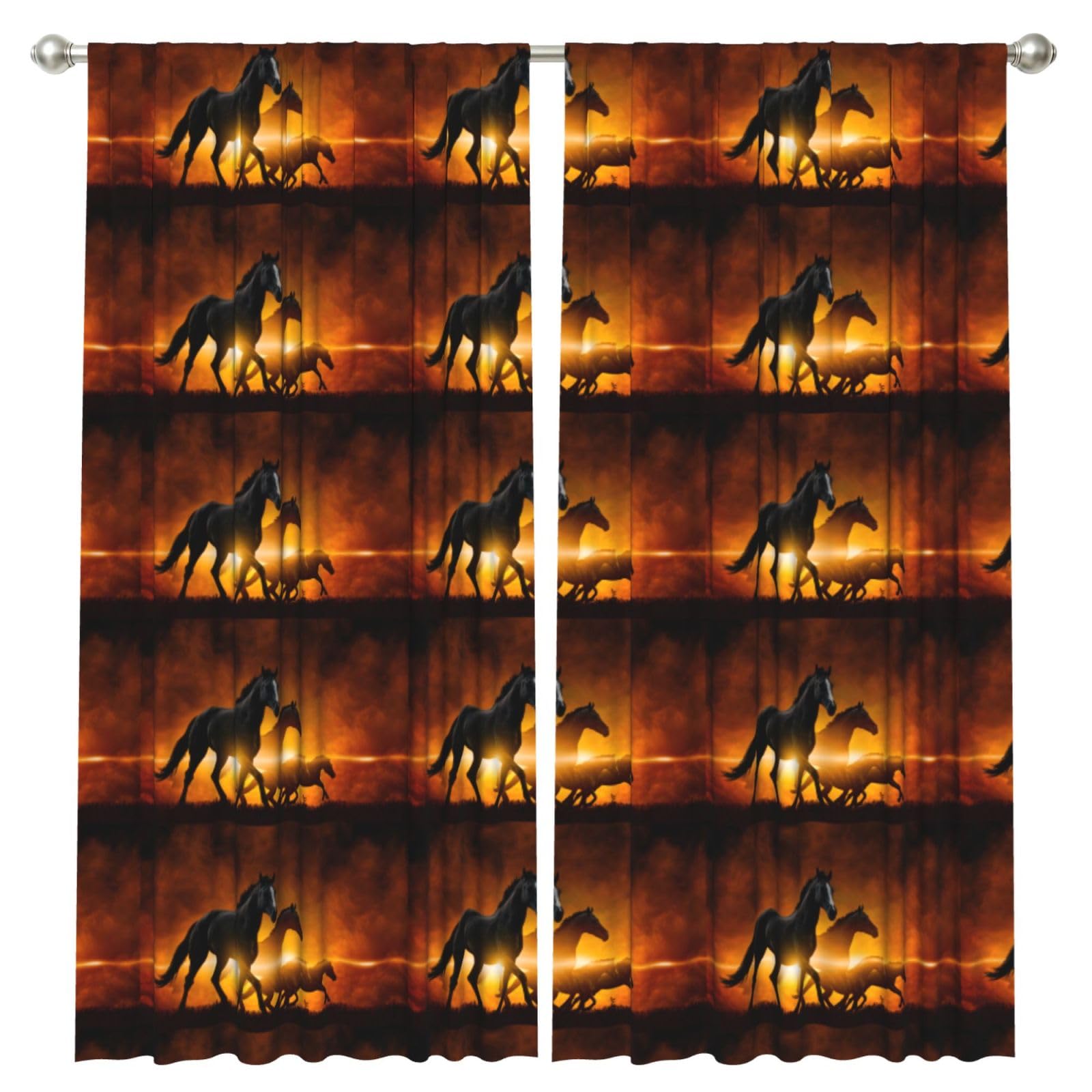 InOmak Black Horses Red Glowing Clouds Printing, 2 Panels Window Curtains 52 x 84 Inch Blackout Curtains for Living Room Bedroom