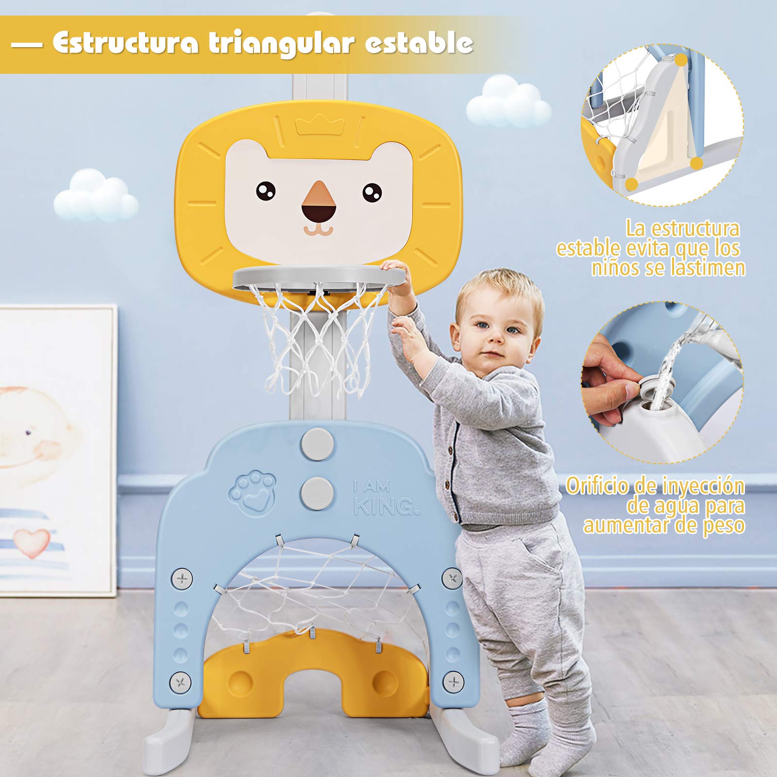 COSTWAY Canasta de Baloncesto para Niño Altura Ajustable con Portería de Fútbol y Golf Juguete para Interior y Exterior (Amarillo y Azul)