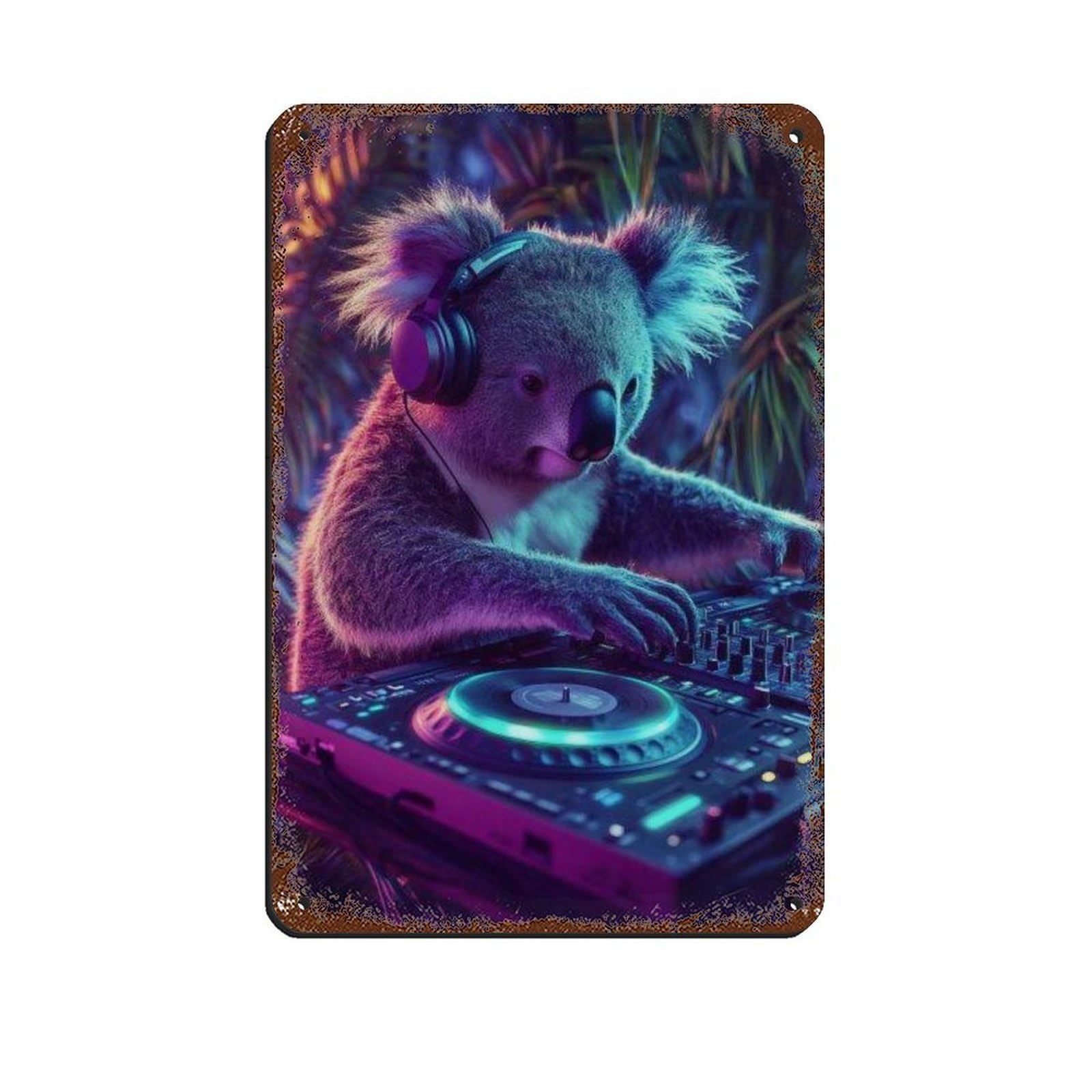 DJ Koala Vibrant Animal DJ Poster Tin Sign Vintage Metal Pub Club Cafe Bar Home Wall Art Decoration Poster Retro 8x12inch(20x30cm)