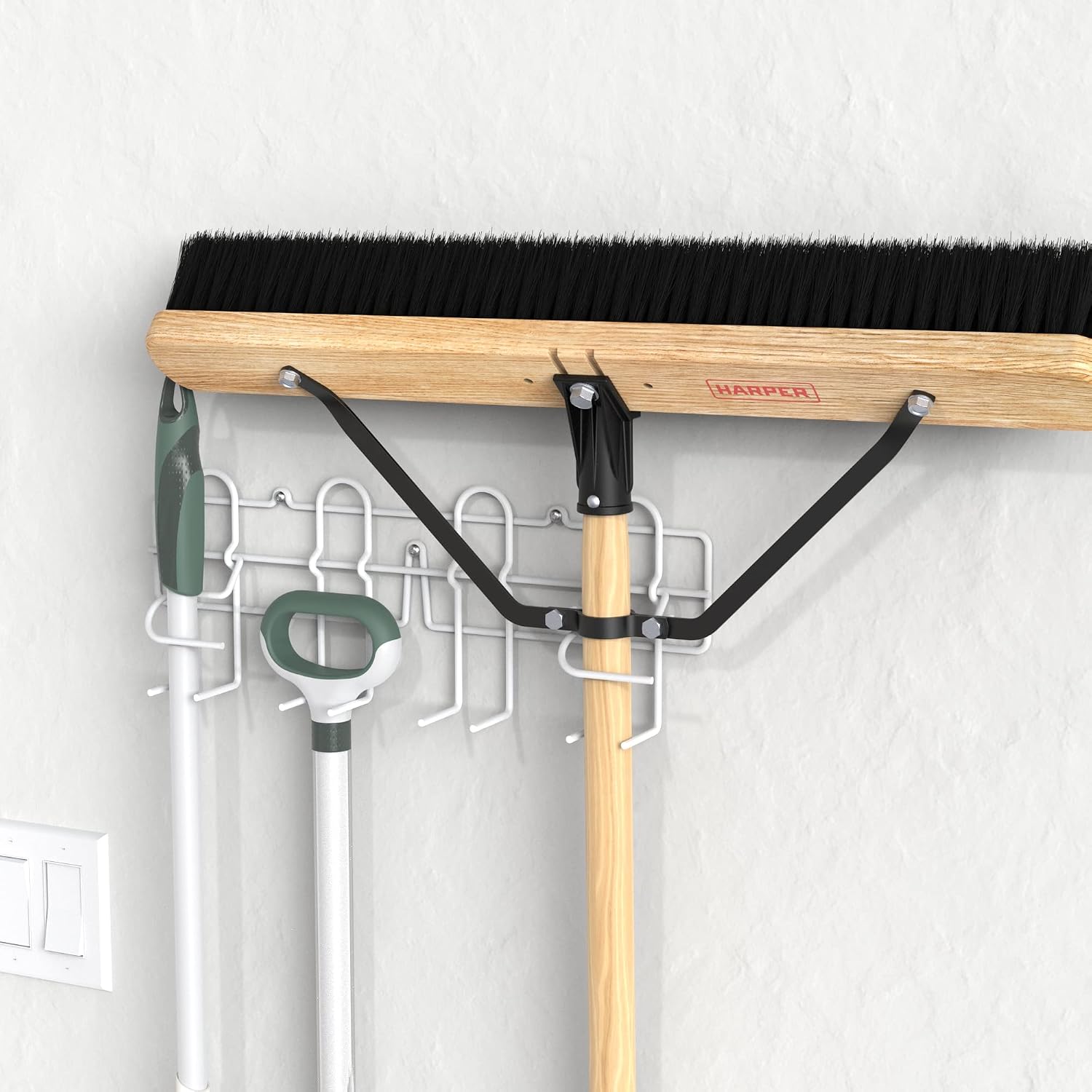 ClosetMaid 3462 Broom & Mop Holder for Wall or Door Mount, Durable White Metal Steel