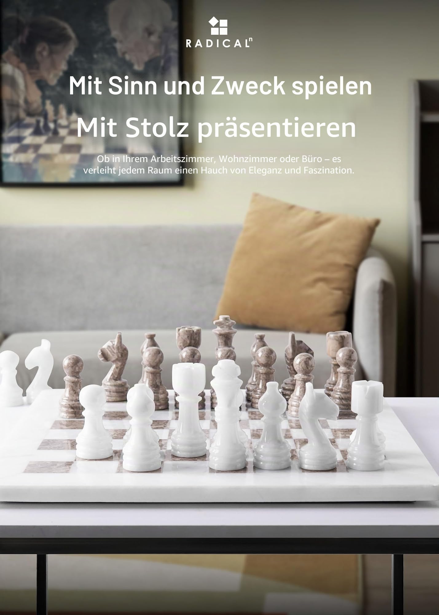 Radicaln Marmor-Schachset, 30 cm, weiß und grau, Ozeanisch, handgefertigtes Spiel für Erwachsene, klassisches Schachbrett und Figuren, hochwertiges Geschenk für Spieleabende zur Dekoration