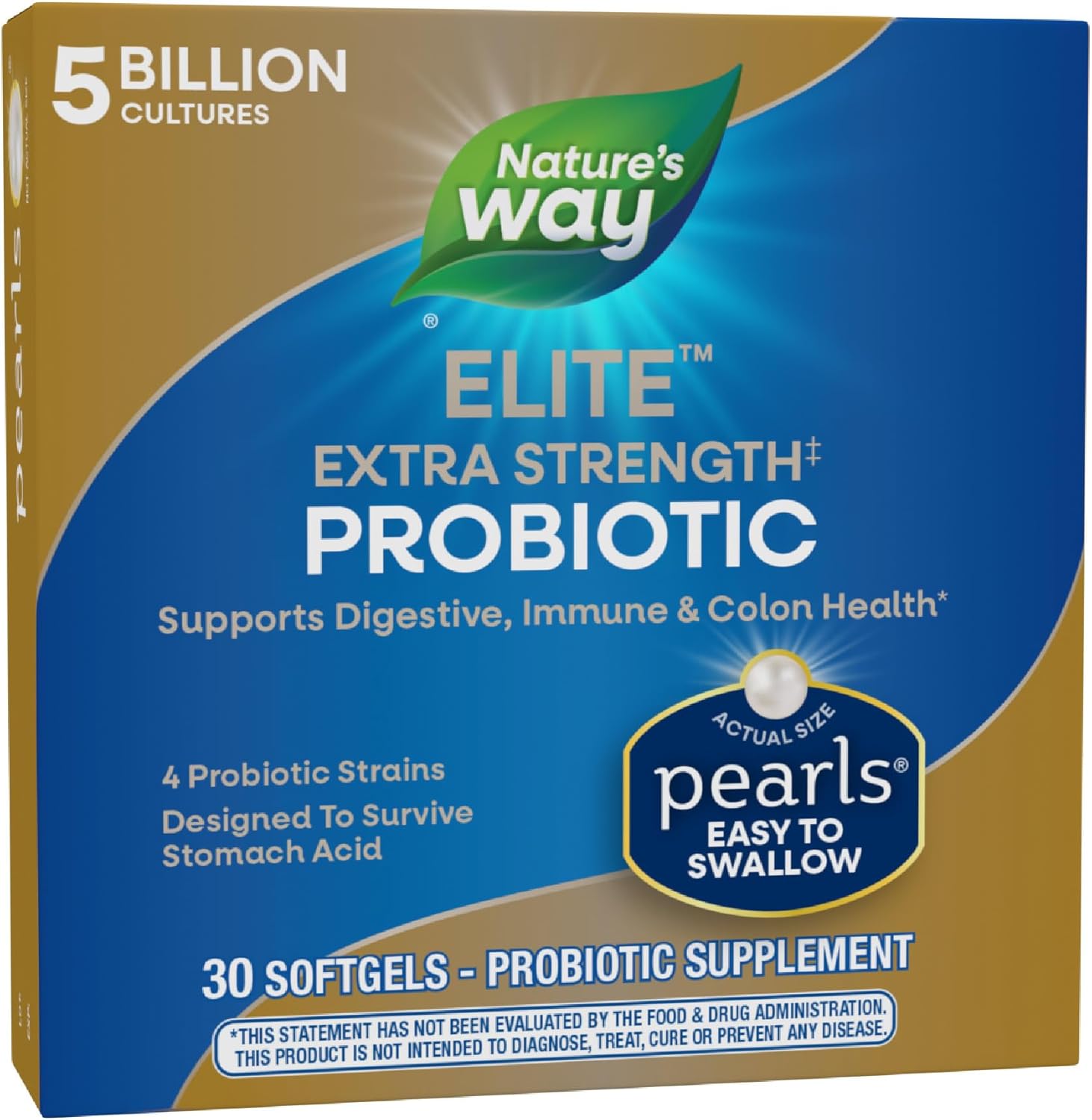 Nature's Way Elite Extra Strength Probiotic Pearls for Men and Women, Supports Digestive, Immune, Colon Health*, 5 Billion Live Cultures, No Refrigeration Required, 30 Softgels