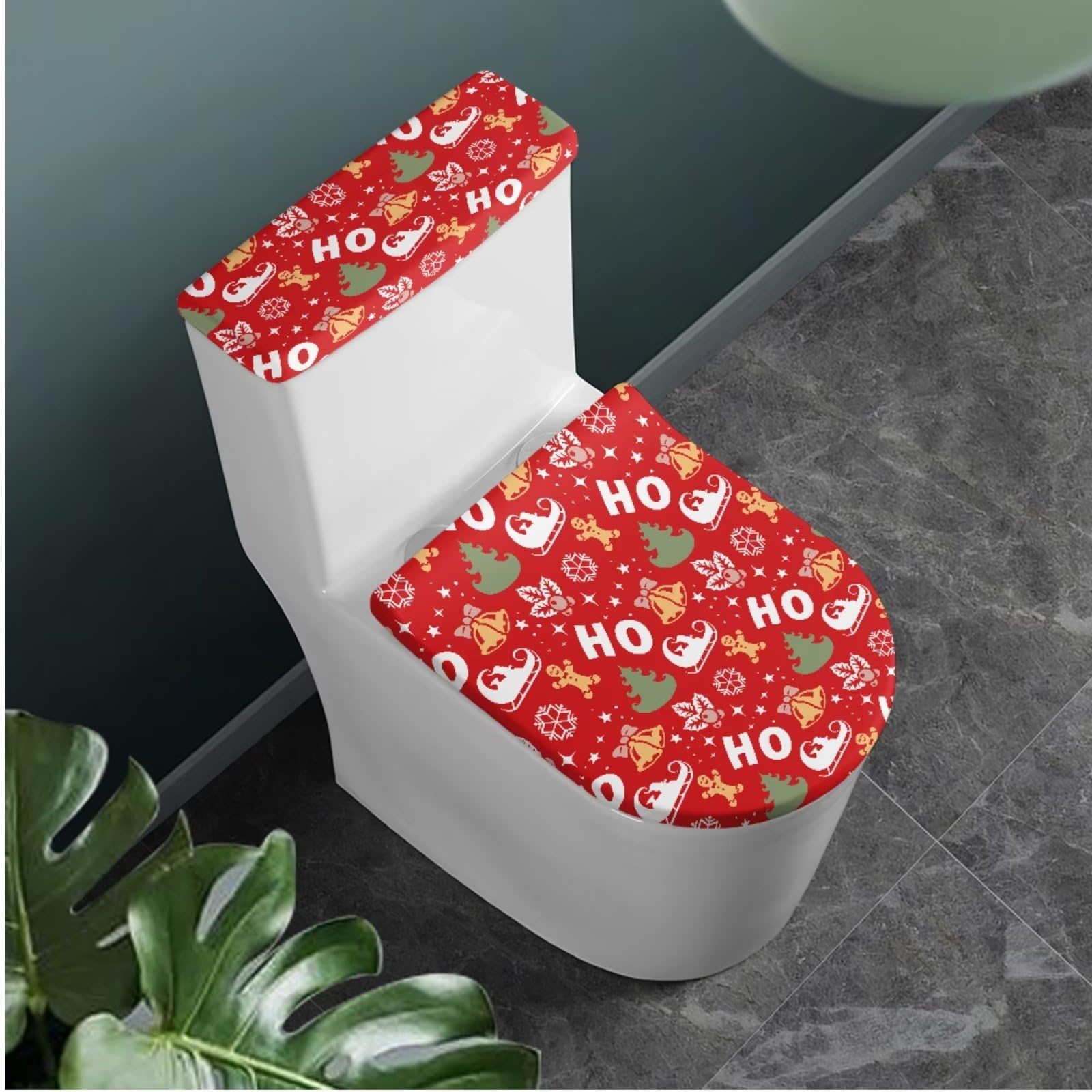Zanxiantu Christmas Hoho Flannel U-Shaped Toilet Rug 3-Piece Set Toilet Lid Cover Machine Washable Toilet Tank Lid Cover with Toilet Floor Mat for Bathroom Decor-Red