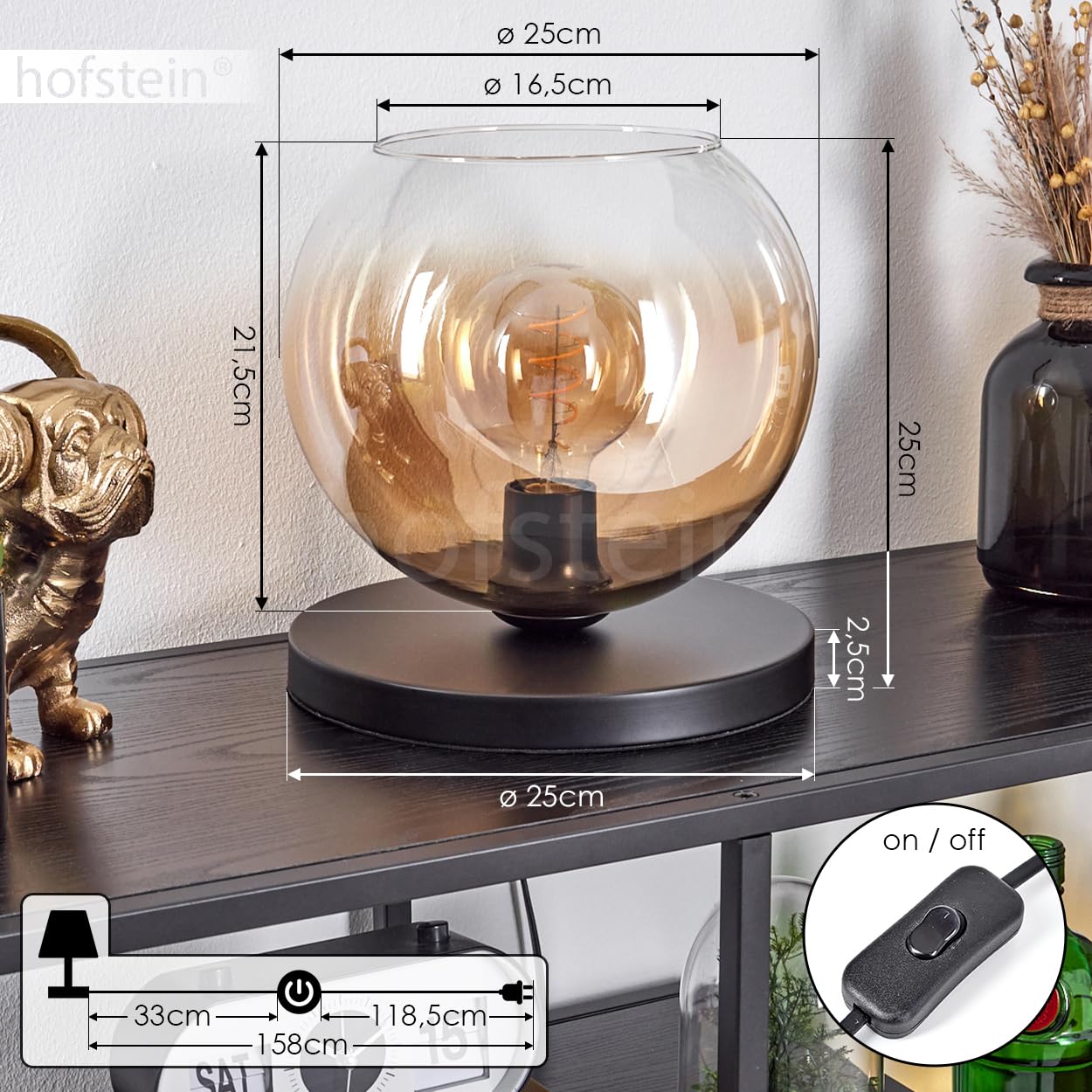 HOFSTEIN Lampada da tavolo Koyoto, lampada da tavolo in metallo/vetro di colore nero/trasparente, con paralume in vetro (diametro 25 cm) e interruttore on/off sul cavo, 1 lampadina E27, senza