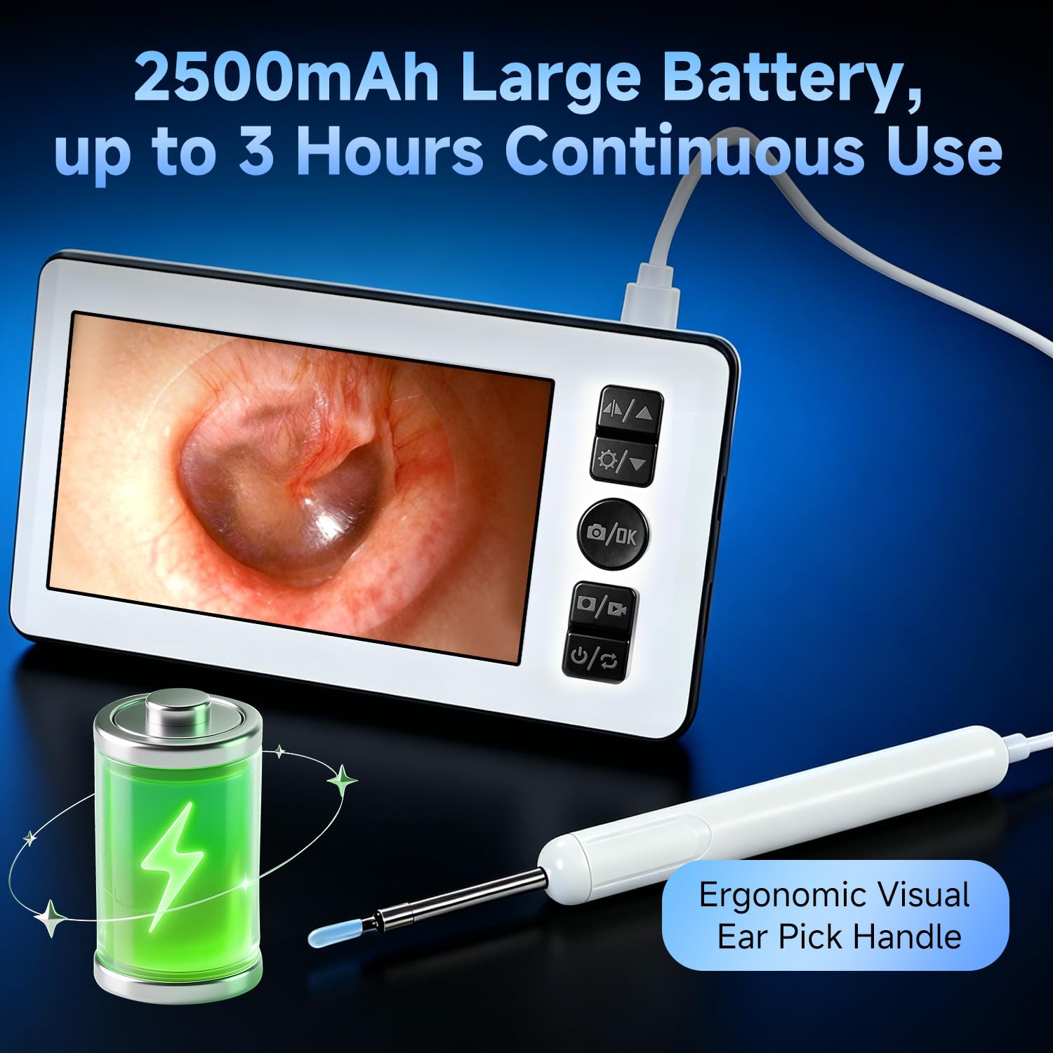 AURTEC Otoscopio digital con pantalla IPS 1080P HD de 4.3 pulgadas, limpiador de cera, batería recargable de 2500 mAh, modo dual (pantalla integrada y conexión de teléfono), 6 luces LED y puntas de