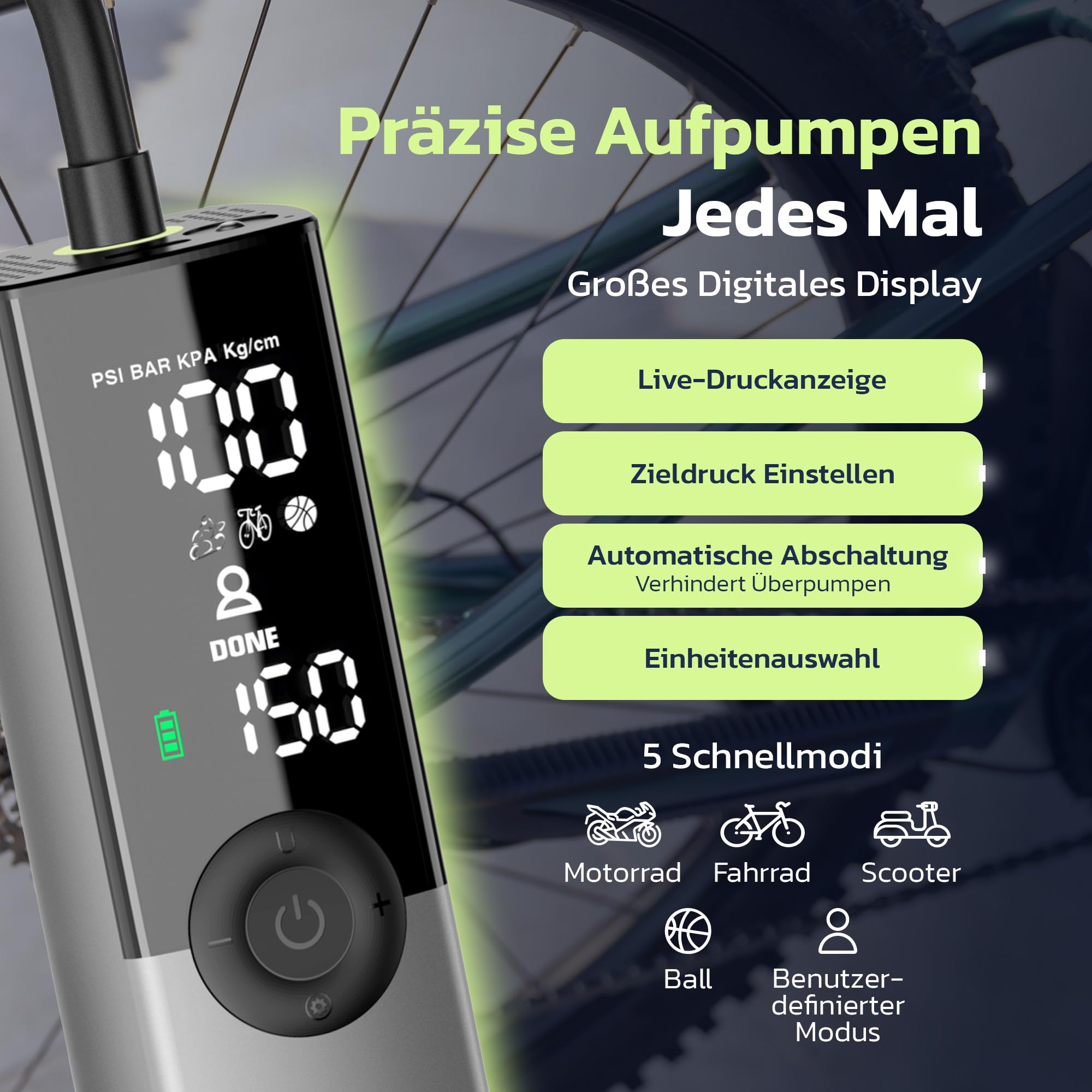 Woowind Ventus Ride Fahrradpumpe, 150 PSI/10,3 Bar, Elektrische Luftpumpe, Aufpumpen in 1 Minute, Akku Kompressor mit Presta-, Schrader-, Dunlop-Ventil für Rennrad, Mountainbike & E-Bike, Auto-Stopp