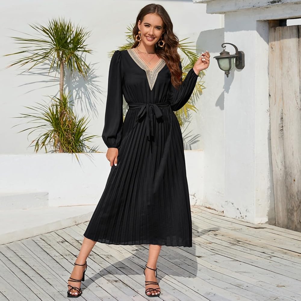 Lace-Trimmed Pleated Long Dress