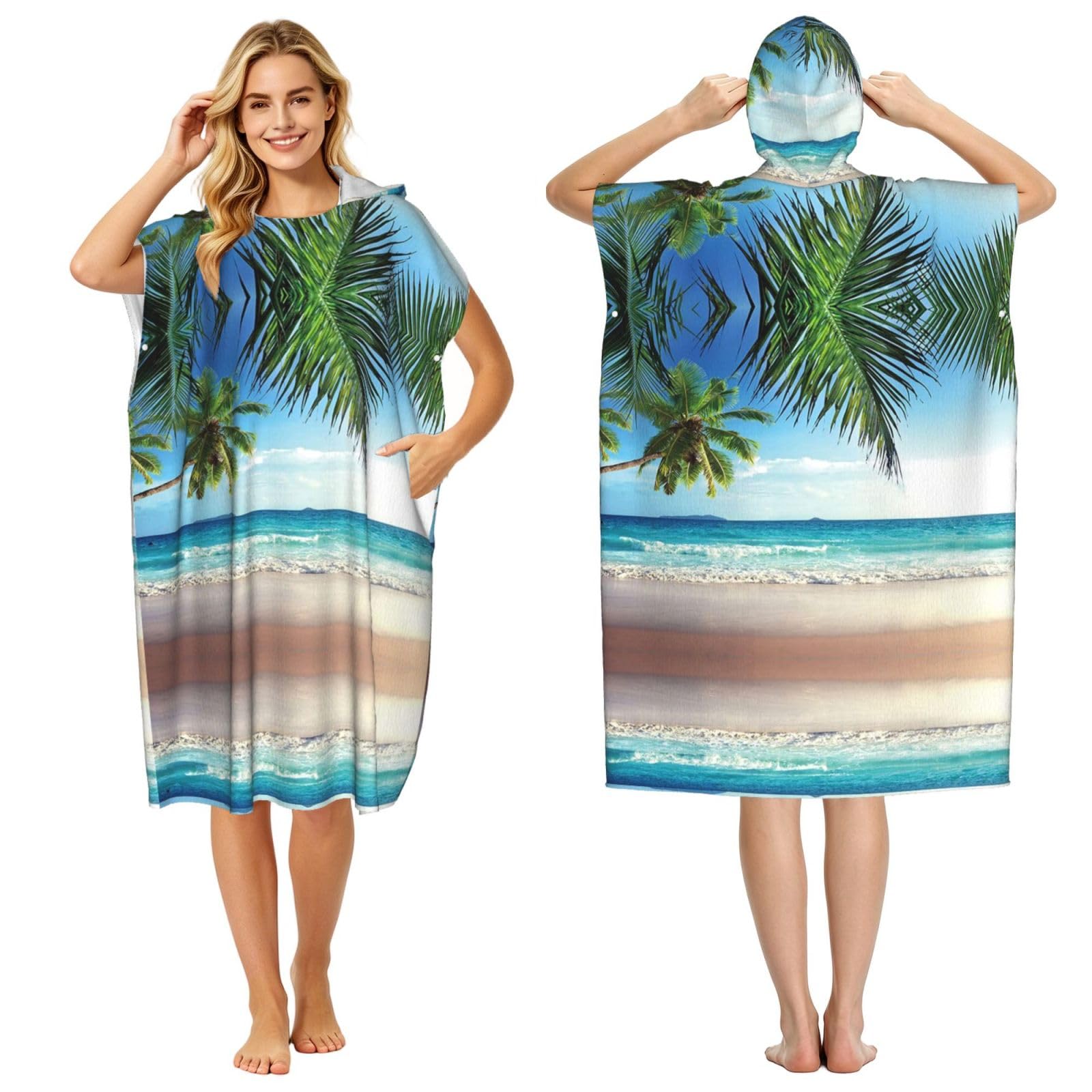 Peignoir à capuche séchage rapide imprimé palmier hawaïen, poncho de piscine léger pour adulte