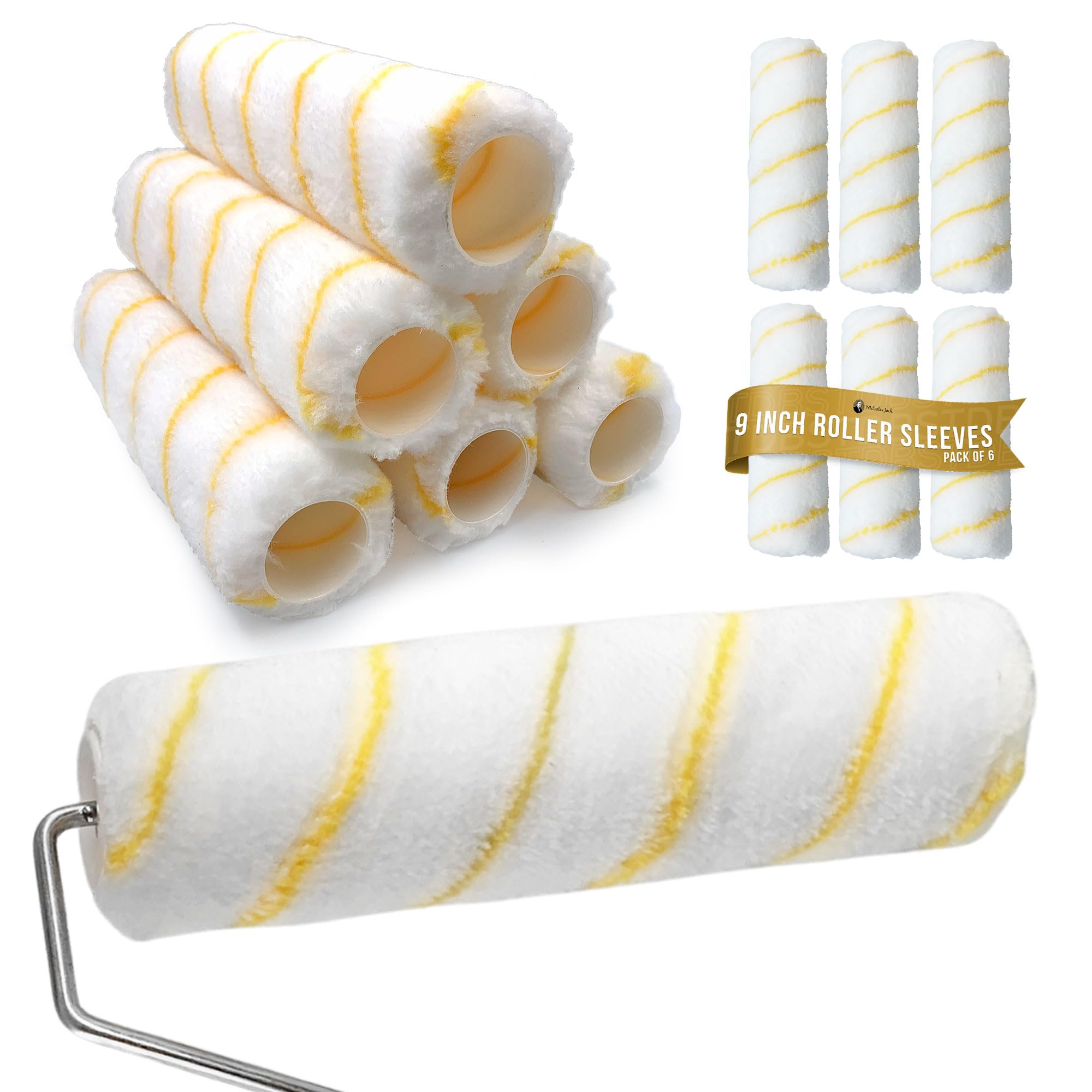 Nicholas Jack 9 inch Roller Sleeves, Pack of 6 Rollers for Painting Walls and Ceilings with 1.5" Standard Fitting − Professional Paint Roller Sleeve for Smooth Finish Emulsion Paint