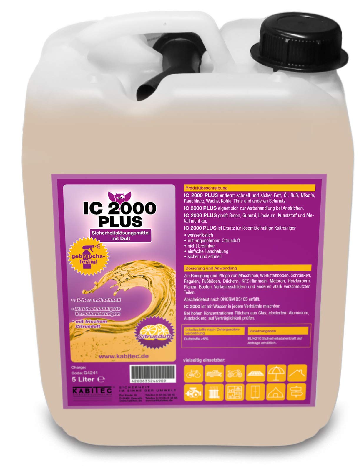 IC 2000 PLUS Sicherheitslösungsmittel mit Duft │ Nikotinentferner, Industriereiniger, Universal-Reiniger │ 5 Liter Kanister, gebrauchsfertig