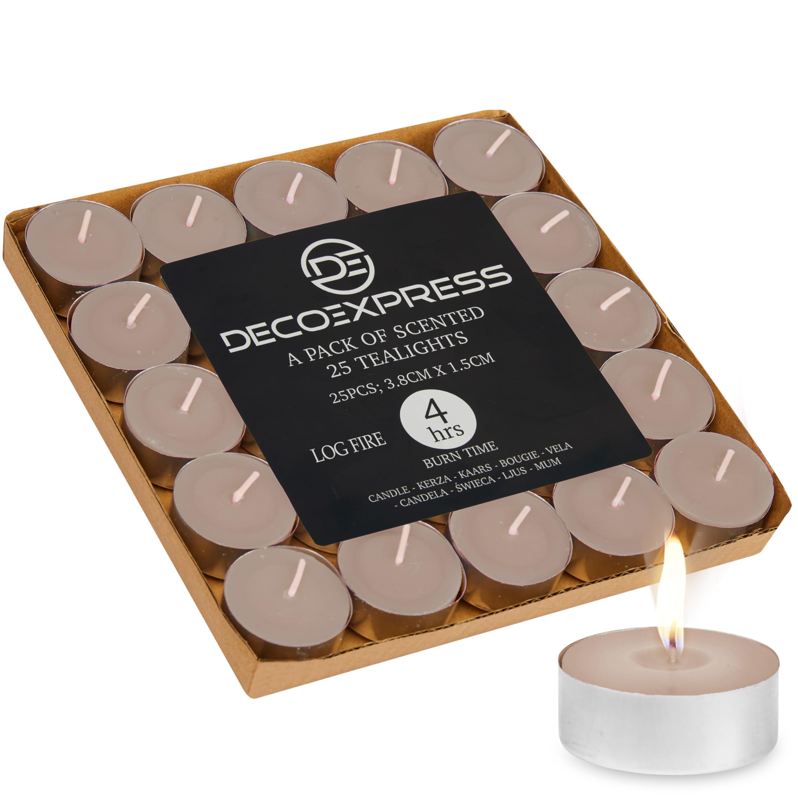 Deco Express Tealights - Scented Candles - Log Fire - Beige - 25 Pack