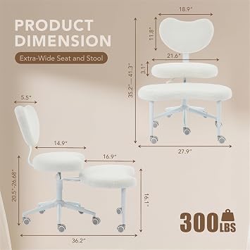 Ergonomic Cross Legged Chair with Wheels, Ivory