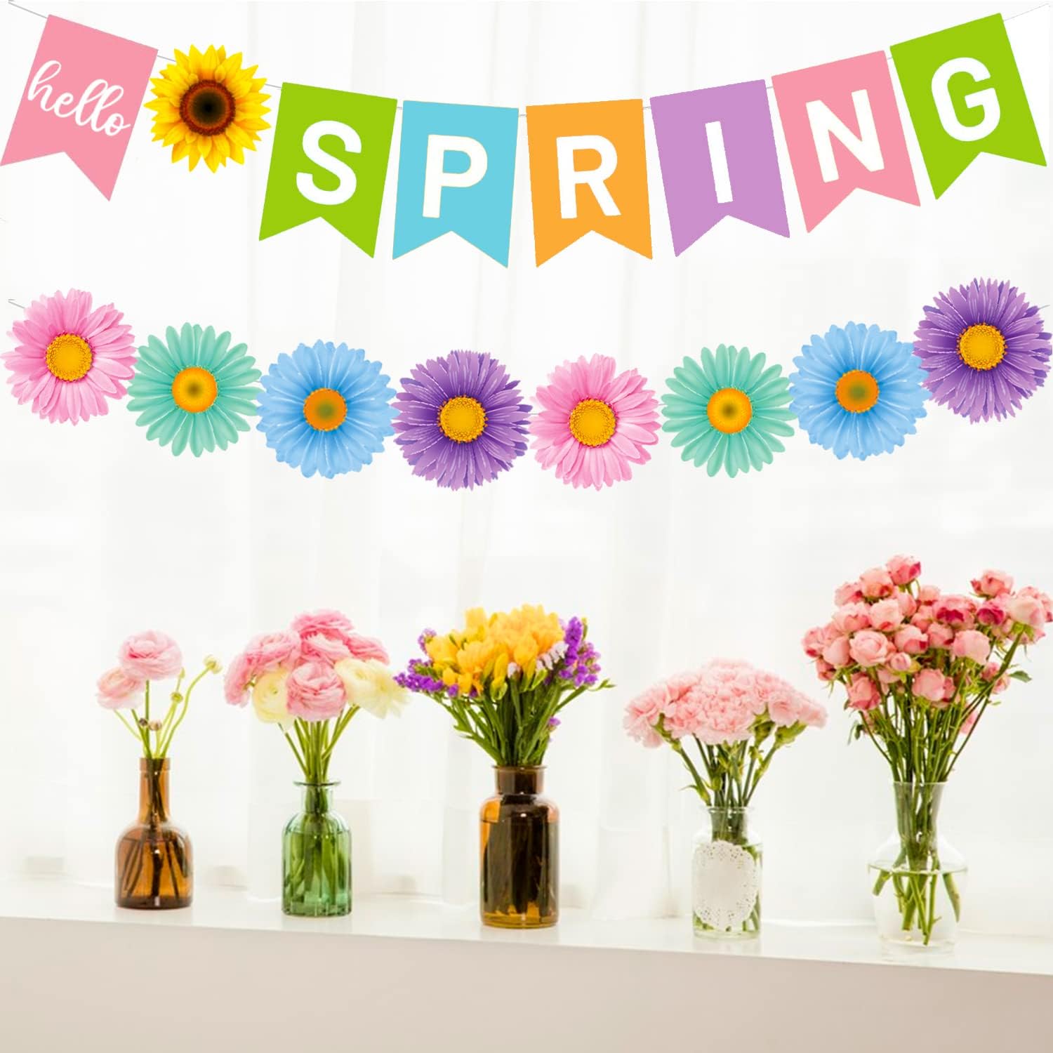 Hello Spring Banner Colorful Flower Hanging Swirls Sun Flowers Daisy Pattern Hanging Banner for Spring Easter Party Decorations Mantle Fireplace Indoor Outdoor Home Classroom Decorations