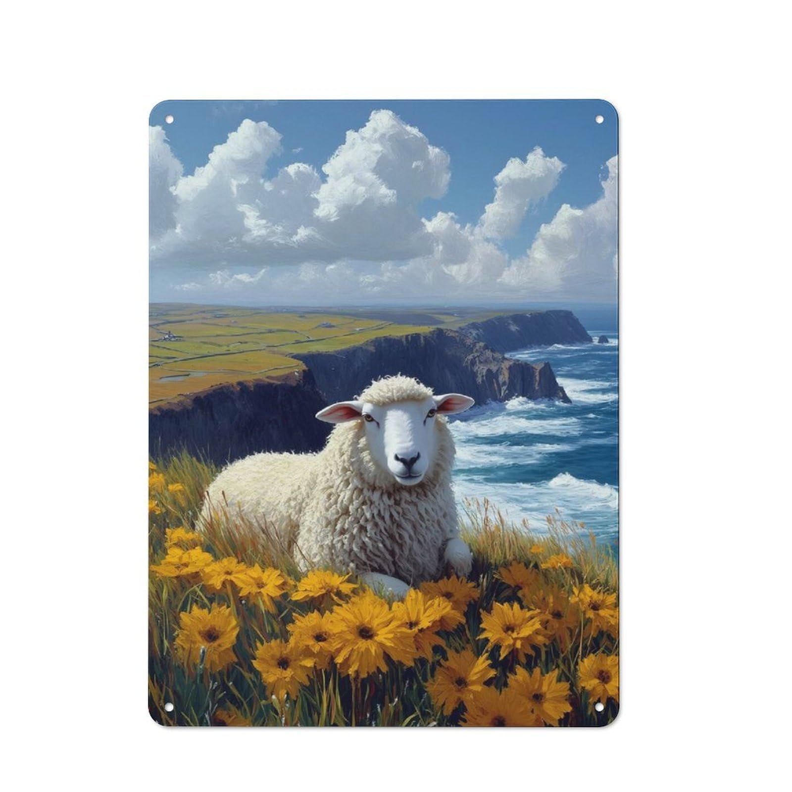 Junmoney Style-8 Sheep In A Field Of Flowers Vintage Metal Wall Decor 40X30cm, Vintage Metal Sign For Cafe, Bistro, Bakery Or Restaurant