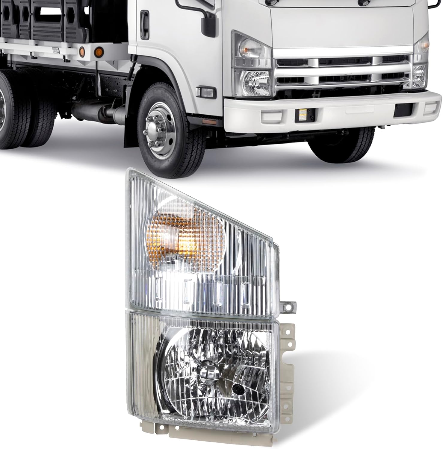 Halogen Headlight with Corner Lamp Assembly Fit for 2008-2020 ISUZU NPR NPR-HD NQR NRR, OEM 8975851702 (Passenger Right Side)