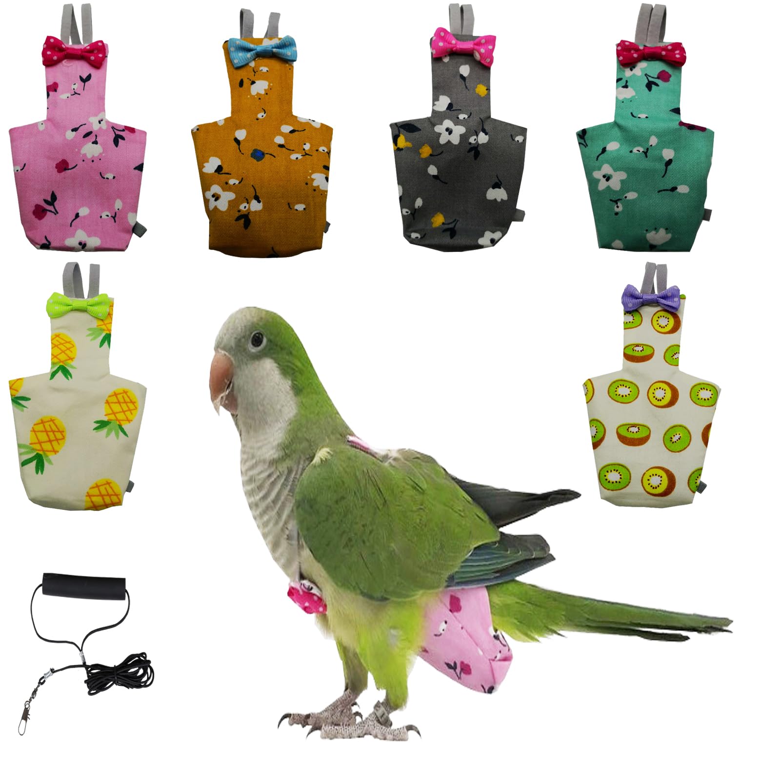 6 Pieces Bird Diapers, Washable Reusable Protective Parrot Nappy with Waterproof Inner Layer, Bird Clothes with 118 Inch Birds Leash for Rose Parrot, Oriole, Grey Magpie