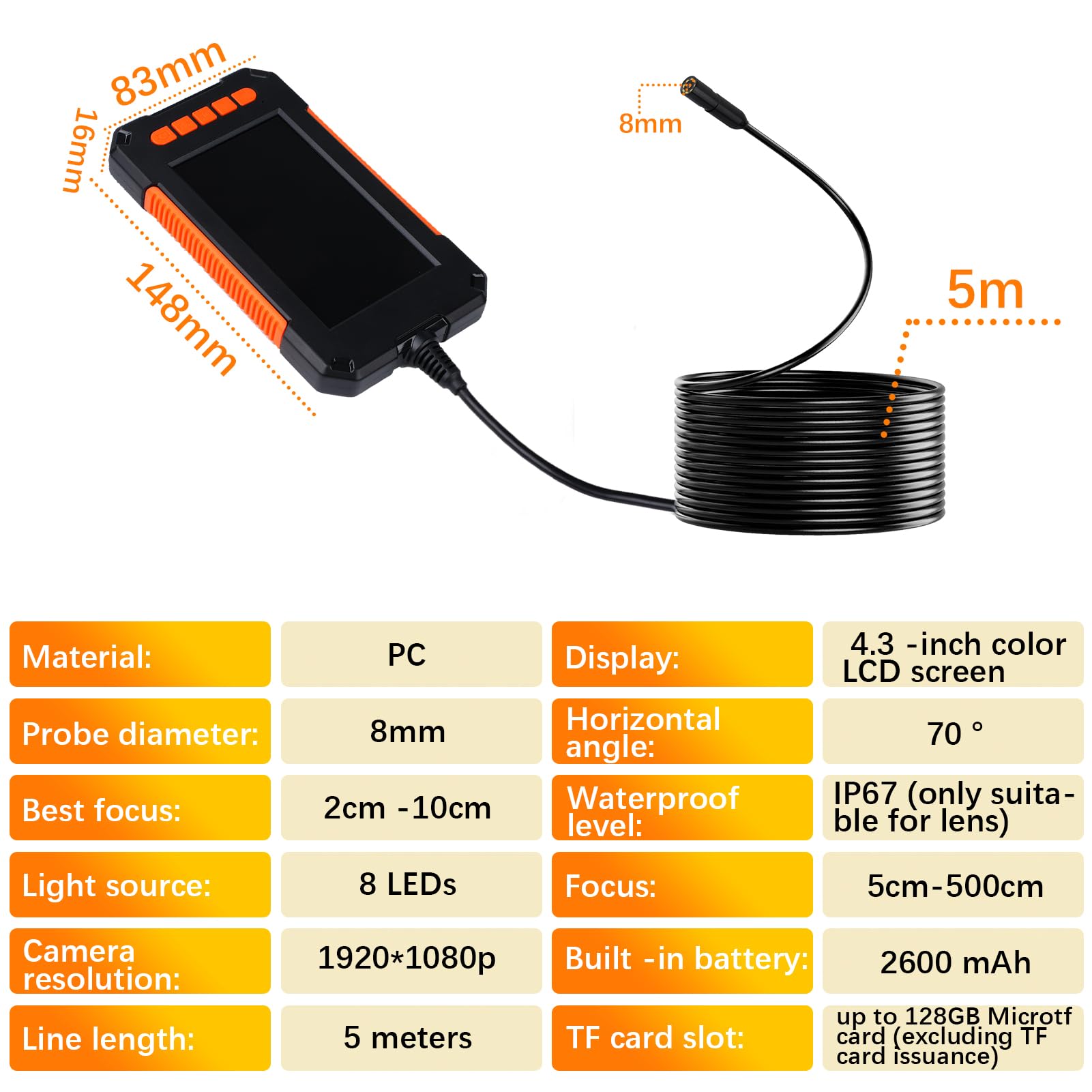 DEWIN Endoskopkamera mit Licht, Endoskop Inspektionskamera 8mm IP67 wasserdichte Rohrkamera mit 5 Meter Kabel und 4,3-Zoll Bildschirm