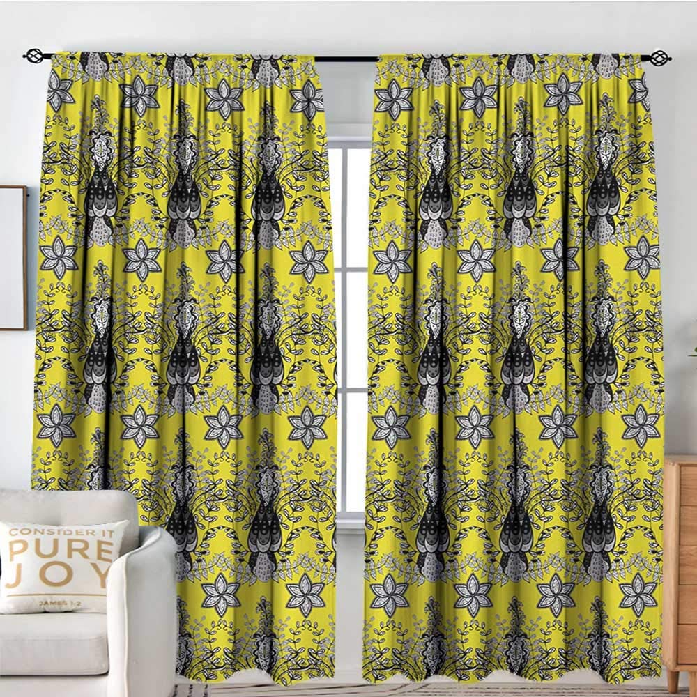 NUOMANAN Blackout Curtains 2 Panels Grey and Yellow,Ethnic Orietal Paisley Floral Design Ivy Swilrs Image,Black White and Charcoal Grey,Rod Pocket Curtain Panels for Bedroom & Kitchen 100"x96"