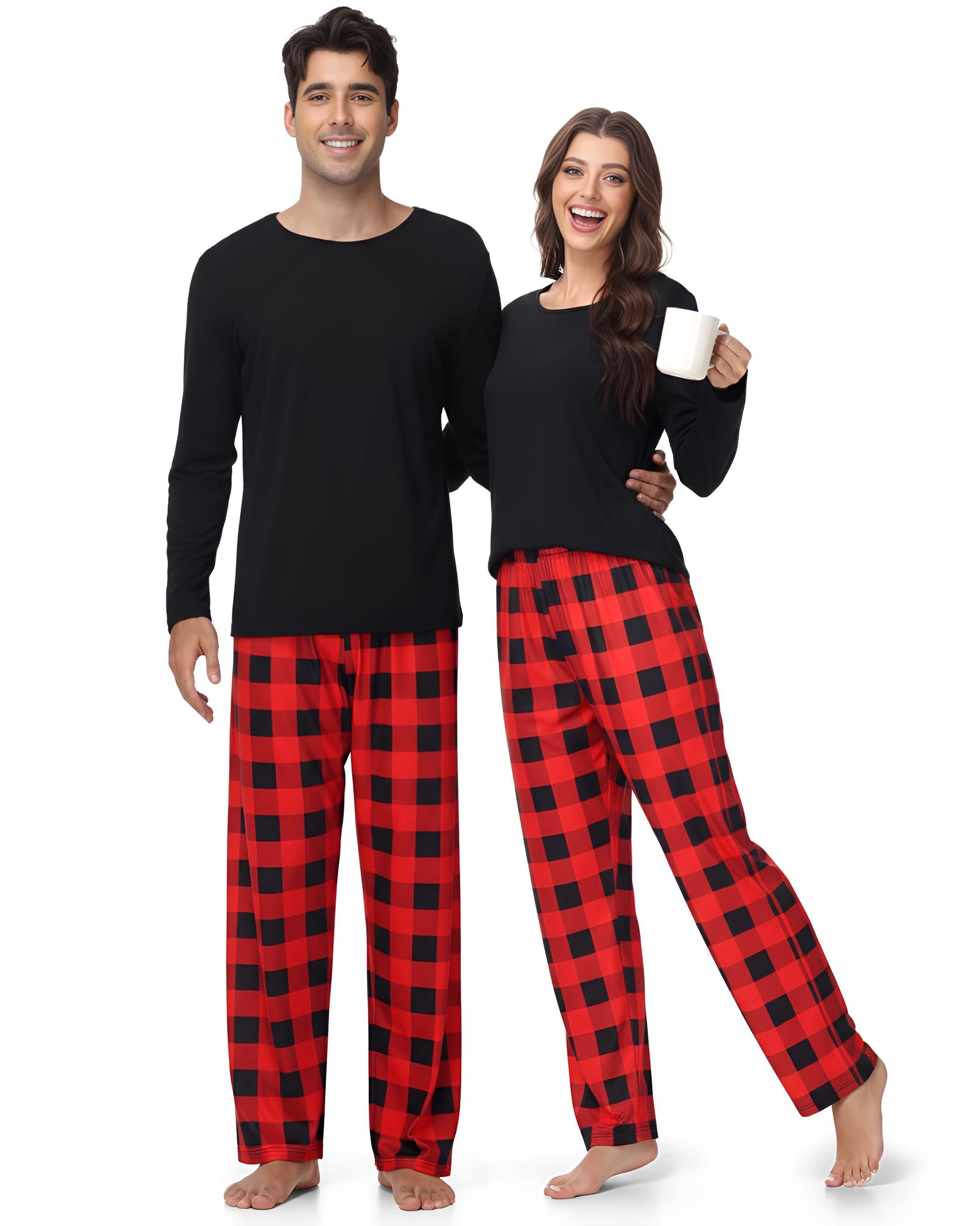Couples Christmas Matching Pajamas Sets Family Buffalo Plaid Pants and Long Sleeve Tee Loungewear for Holiday-image-38