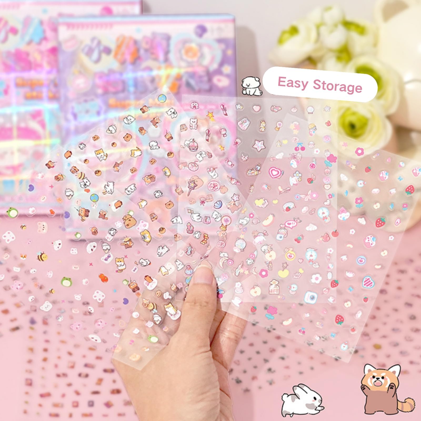 5000+ Kawaii Stickers Set Cute PET Transparent Cartoon Flower Scrapbooking Clipping Supplies Decals Decorative Scrapbook Sticker for Kids Journaling DIY Arts Crafts Phone Case 30 Sheets Purple+Pink: 02-purple+pink