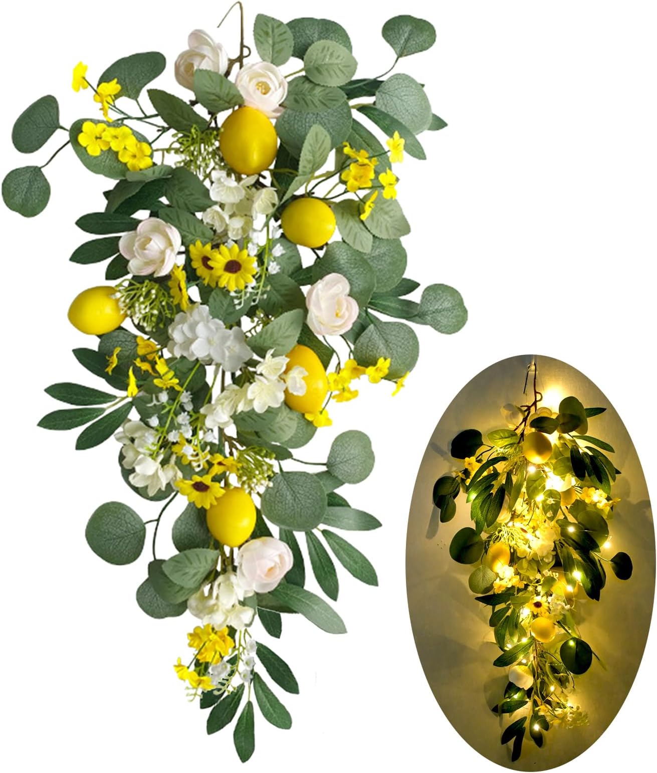 Lemon Door Swag with Lights 27.6" Summer Wreaths for Front Door Artificial Fruit Swags and Wreaths, Spring Summer Flower Lemon Teardrop Swags Garland for Wedding Home Party Stairway Wall Decoration