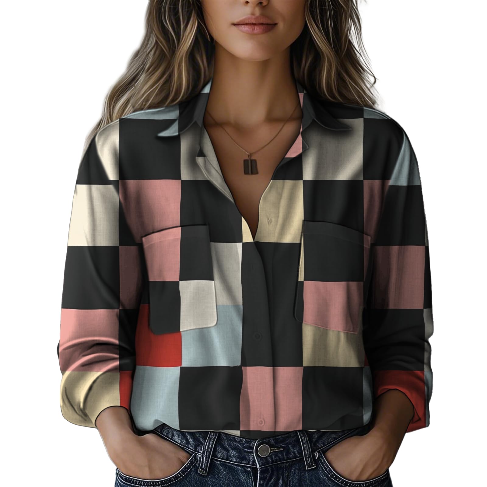 - Summer Shirts for Women Casual Outfit Button Down Long Sleeve V Neck Blouses Gauze Plus Size Tops with Two Pocket