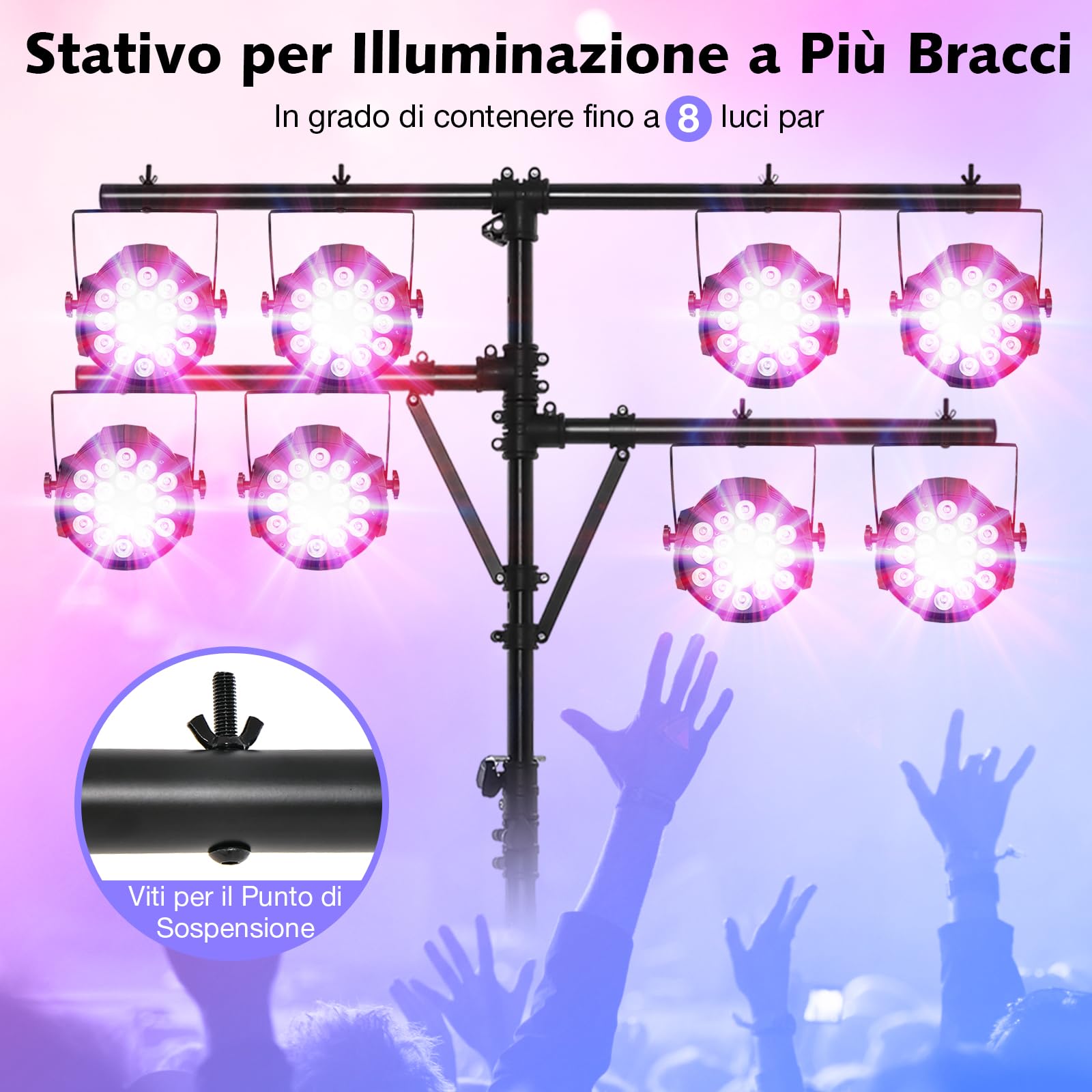 Supporto Luci GYMAX Regolabile - Fino A 16 Luci, Altezza 180-350 Cm, Base A Tre Gambe In Acciaio, Nero - Foto 3