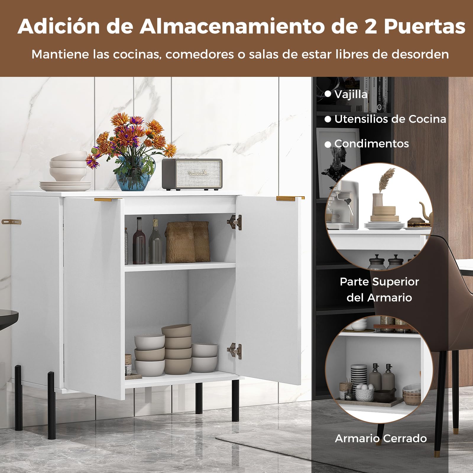GOPLUS Buffet Aparador de 2 Puertas, Equipado con Kit Antivuelco, Bisagras Ajustables y Patas Metálicas, Mueble Independiente para Cocina, Estilo Moderno de Acento para Salón y Comedor, Blanco
