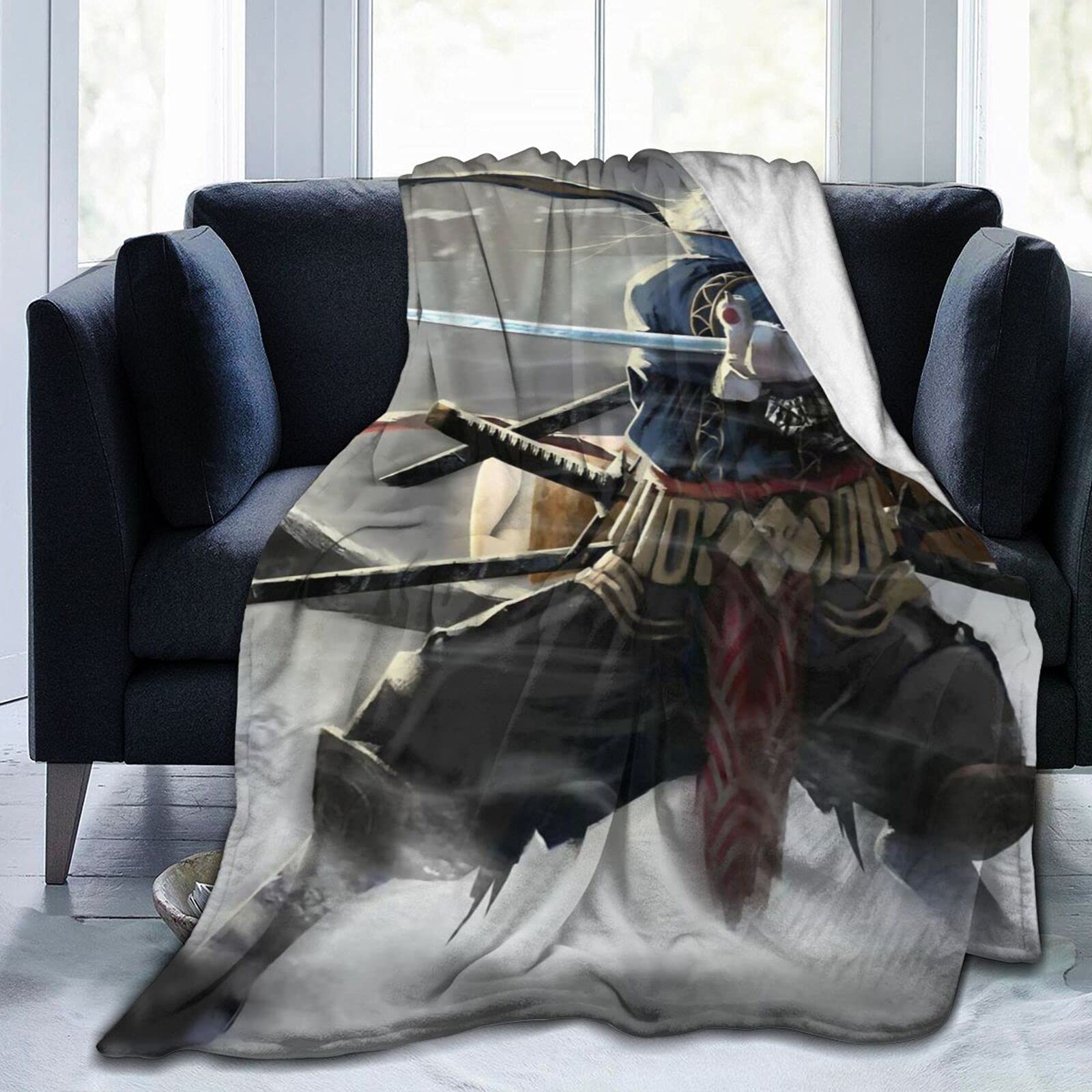 毛布 ブランケット 和風 猫 忍者 侍 シングル タオルケット 大判 フランネル ひざ掛け 薄手 肌触りが ふんわり 吸湿発熱 エアコン対策 洗える 抗アレルギー 昼寝に対応 ソファーベッド用 オールシーズン 76cm*102cm