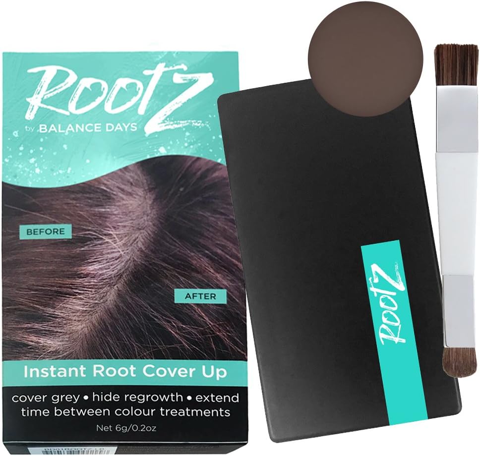 RootZ Instant Root Cover Up Dark Brown Touch up for Grey Roots. Shape and Thicken Eyebrows Too. Unique Dual Action Brush - One Product - Two Uses