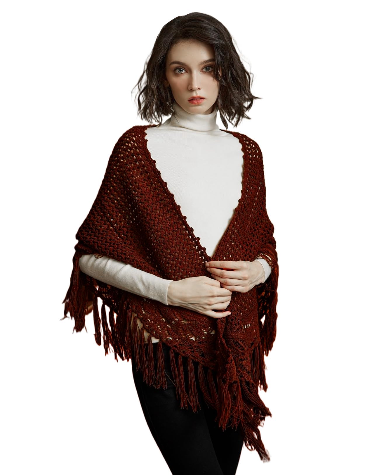 BEAUTELICATE Scialle all'uncinetto Donna Caldo Sciarpa Maglia Triangolare Lunga Frange Stole per Autunno Inverno