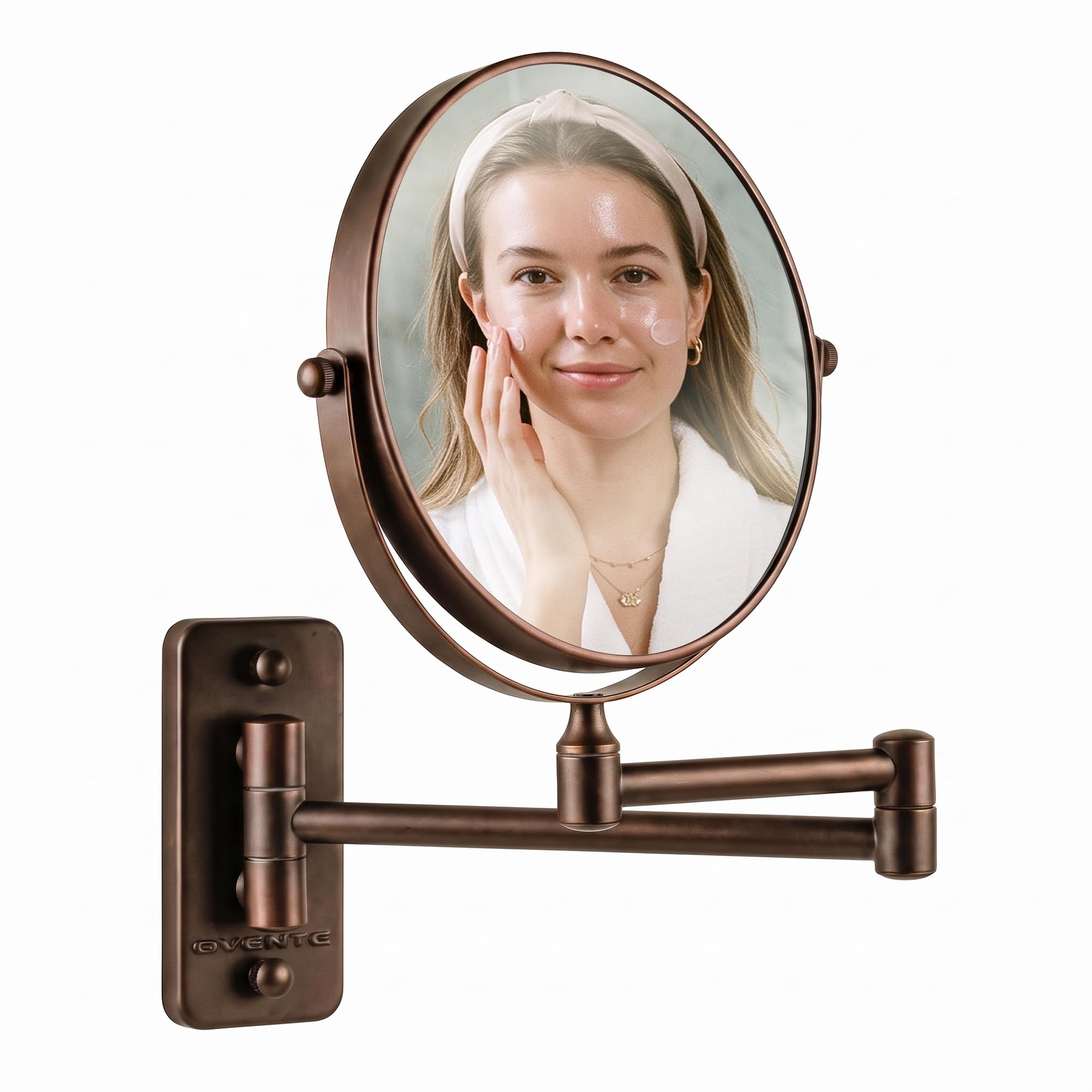 OVENTE MNLFW70ABZ1X7X Wandmontierter Make-up-Spiegel, 1-/7-fache Vergrößerung, doppelseitig, runder Schminkspiegel, 360° drehbares Design, ausziehbarer und klappbarer Arm, 17,8 cm, Antik-Bronze