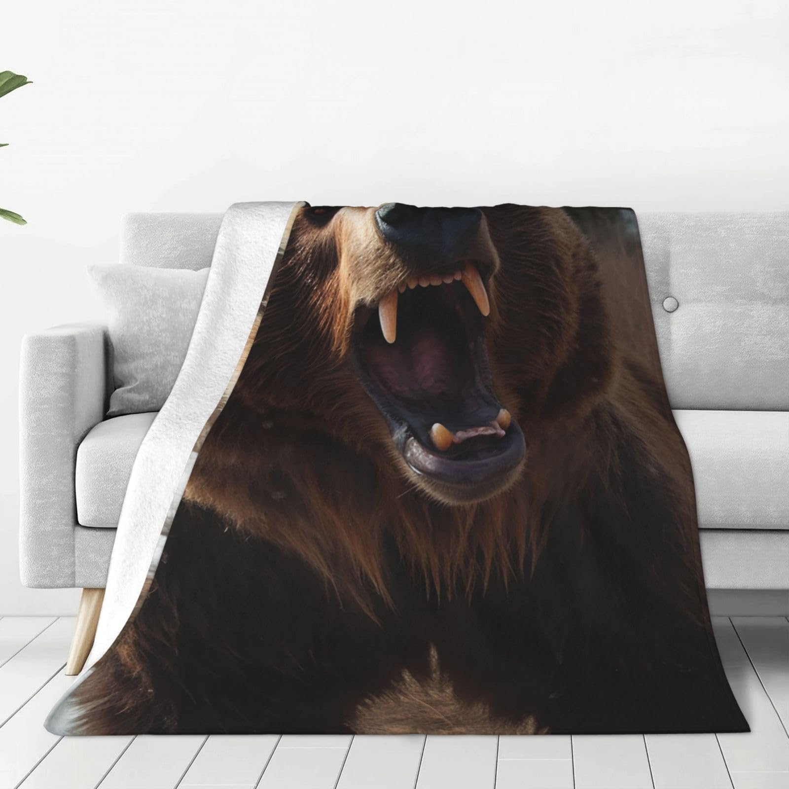 Roaring Bear Throw Blanket for Couch, Plush Fuzzy Soft Flannel Blankets and Throws for Sofa, 50"x40" Bed Blankets for Travel Camping Chair, All Season Warm Fleece Blanket