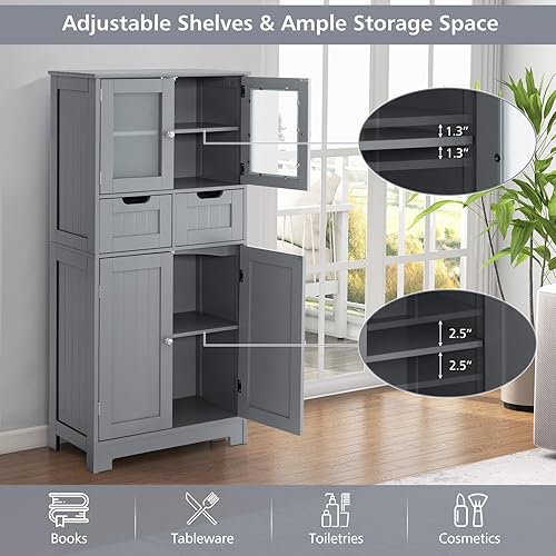 Miniatura 4 de Giantex Armario de almacenamiento para piso de baño, armario independiente con 2 puertas de vidrio, 2 cajones y estantes ajustables, organizador de